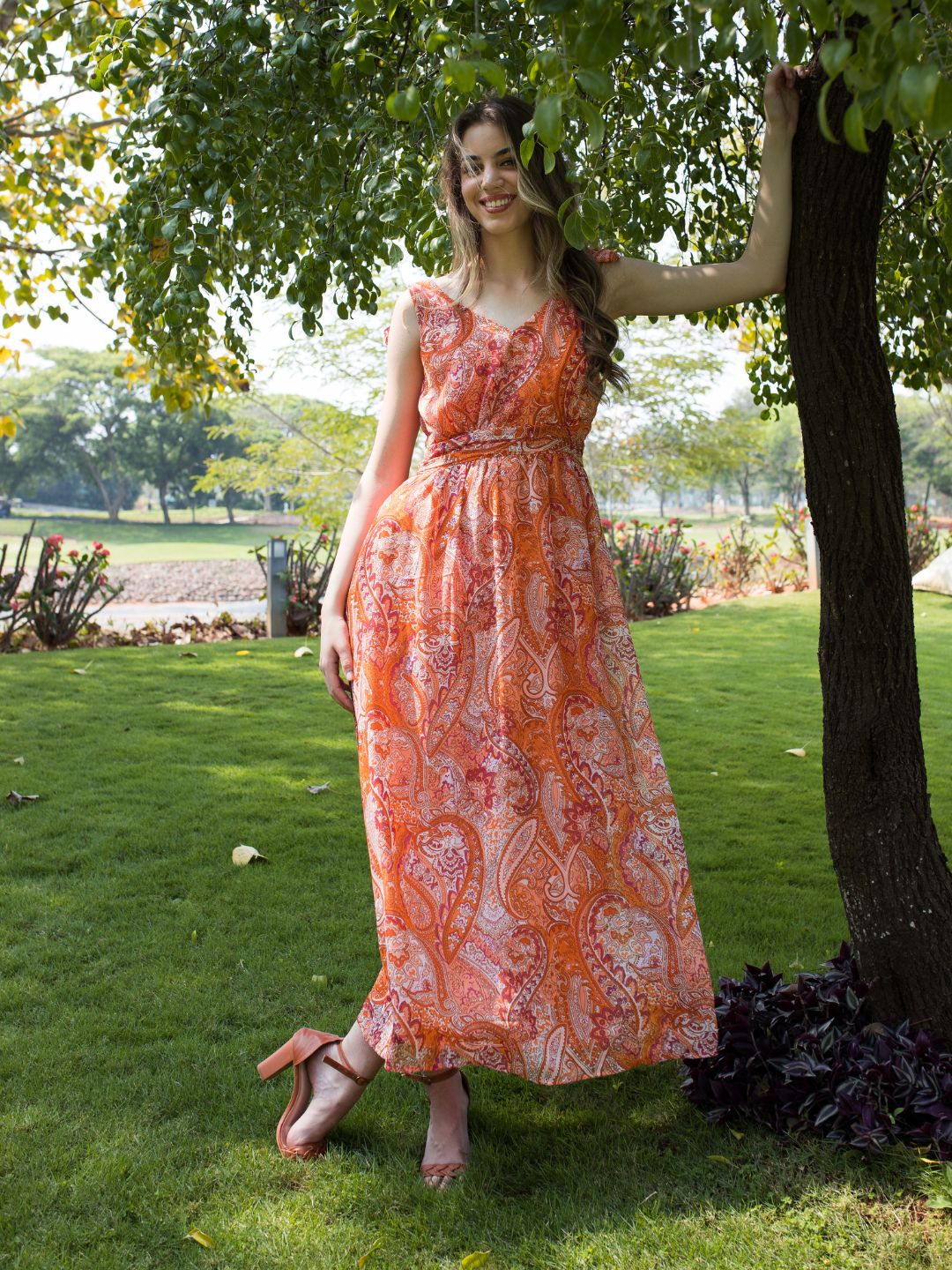 Floral Orange Maxi Dress in india