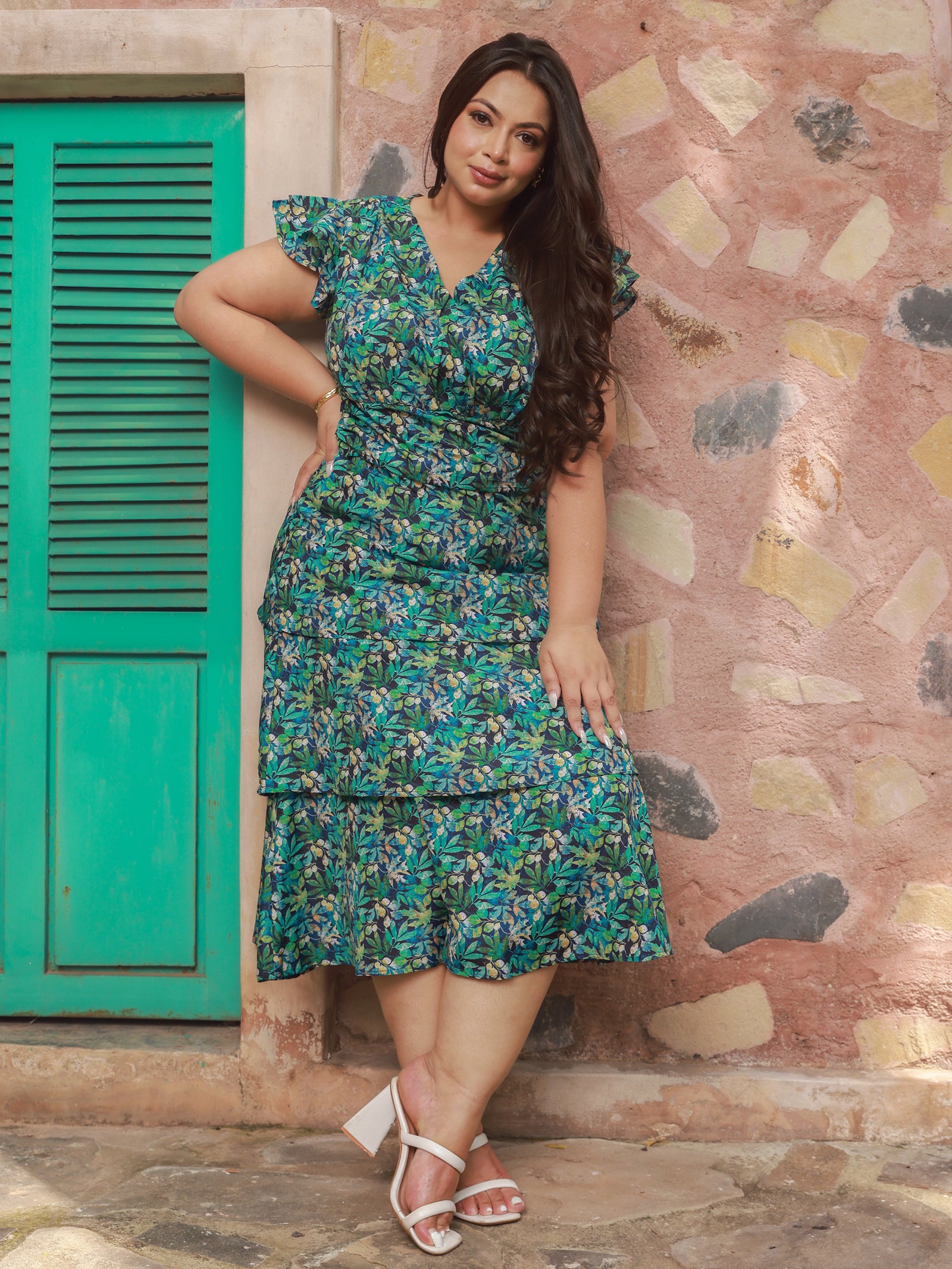 Green Midaxi Dress For Women In Short Sleeve