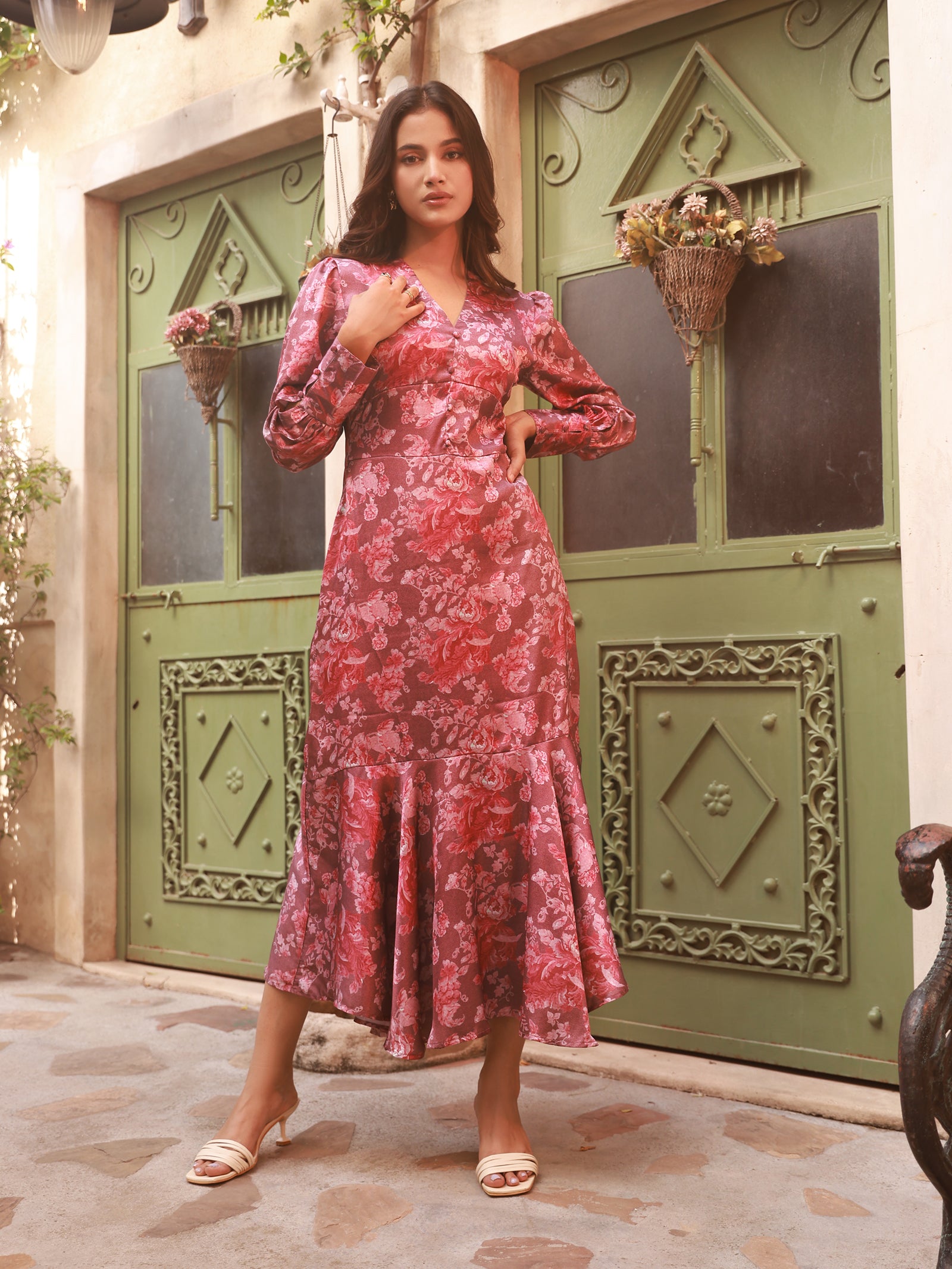 Buy Mauve Printed Floral Japan Satin Fabric | Vintage Maxi Dress Online In India