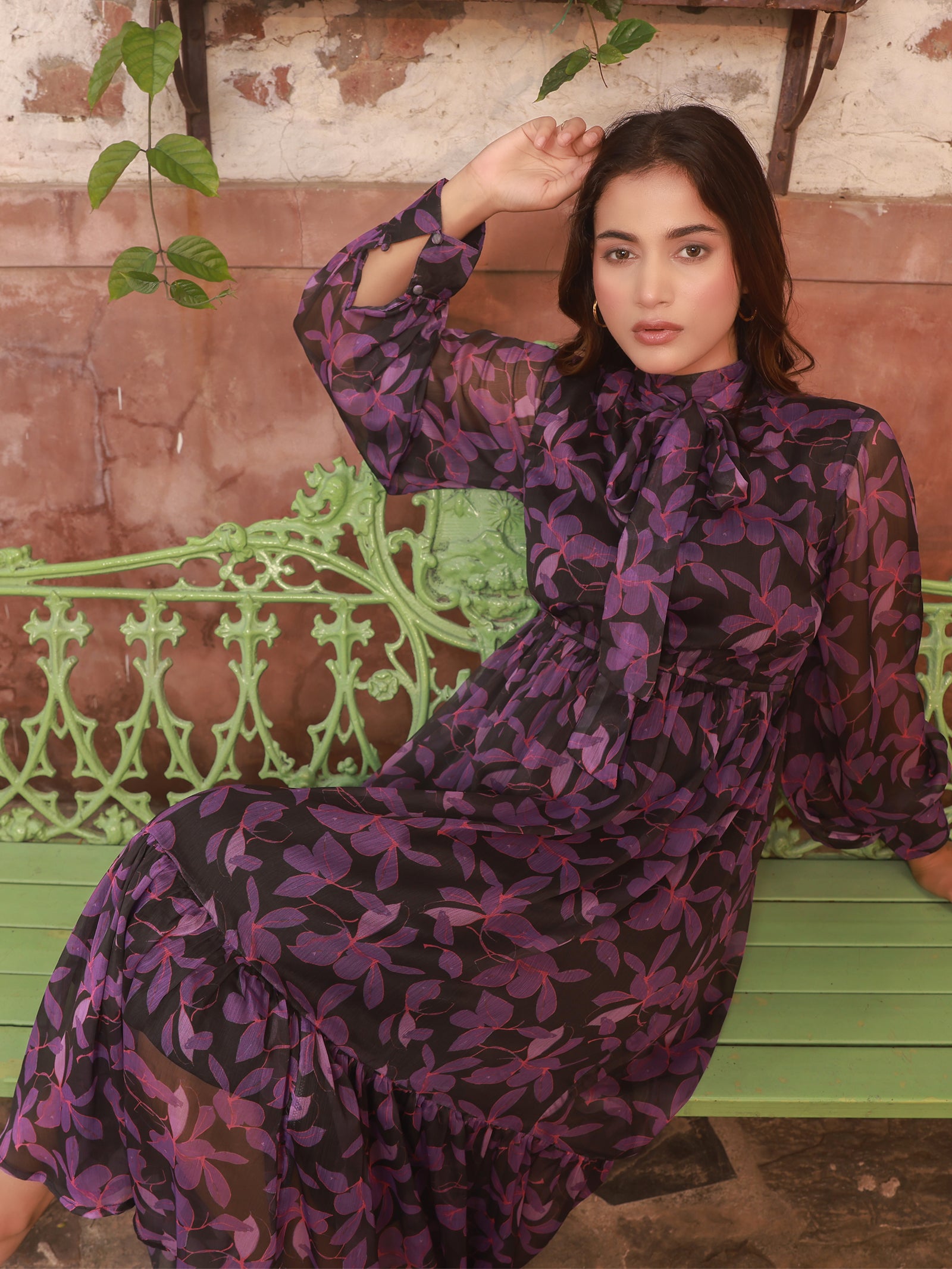 Buy Purple Printed Floral Chiffon Fabric | Front Tie Knot Midaxi Dress Online In India
