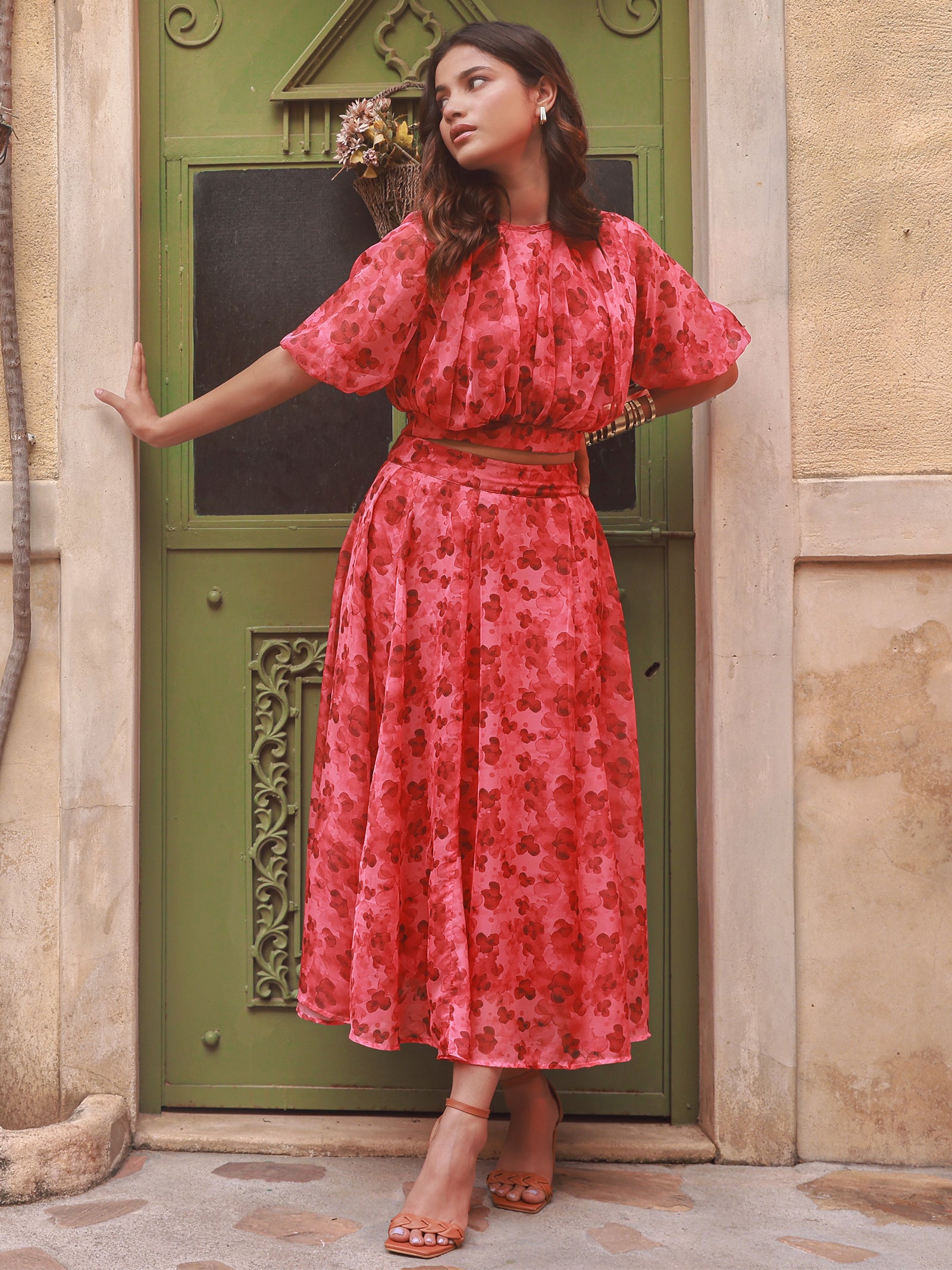 Trendy red co-ord set for women online - Main Image