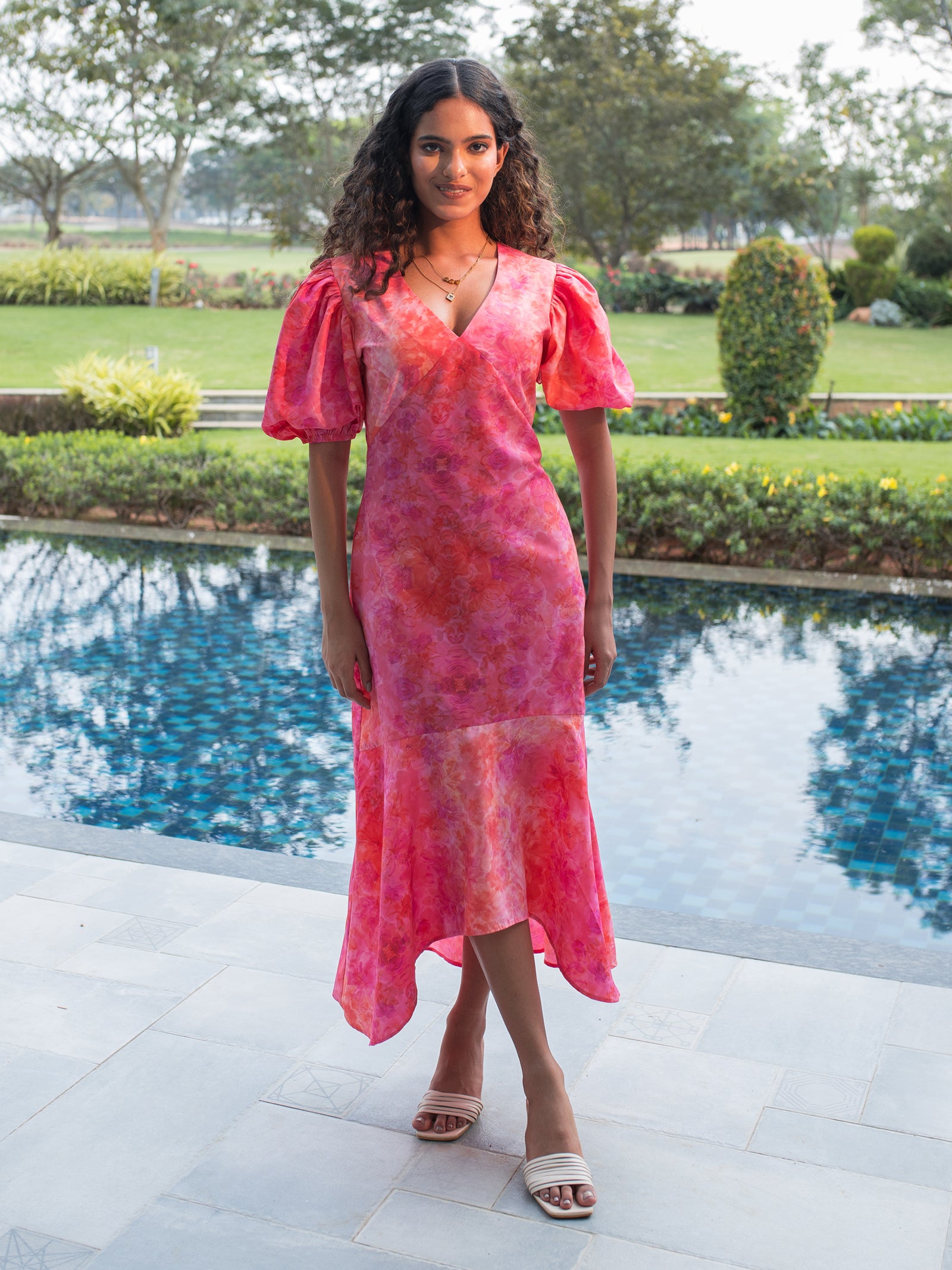 pink midaxi dress Abercrombie & Fitch tiered midaxi dress with multiway neckline in pink