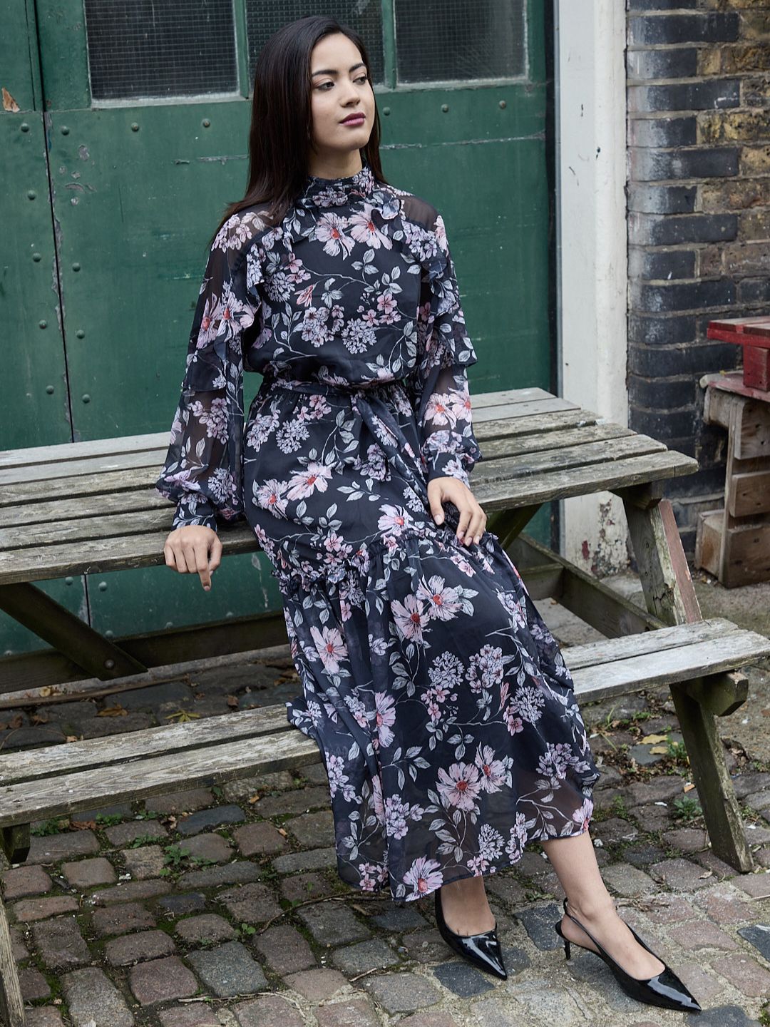 Buy Floral Black Ruffled Blouson Sleeve Dress