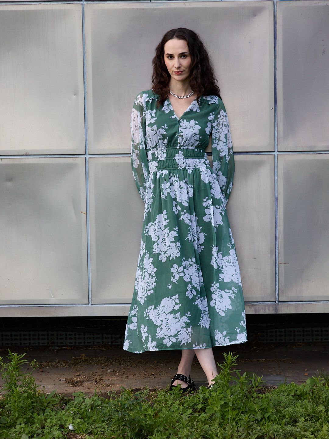 Shop green floral print off-shoulder maxi dress