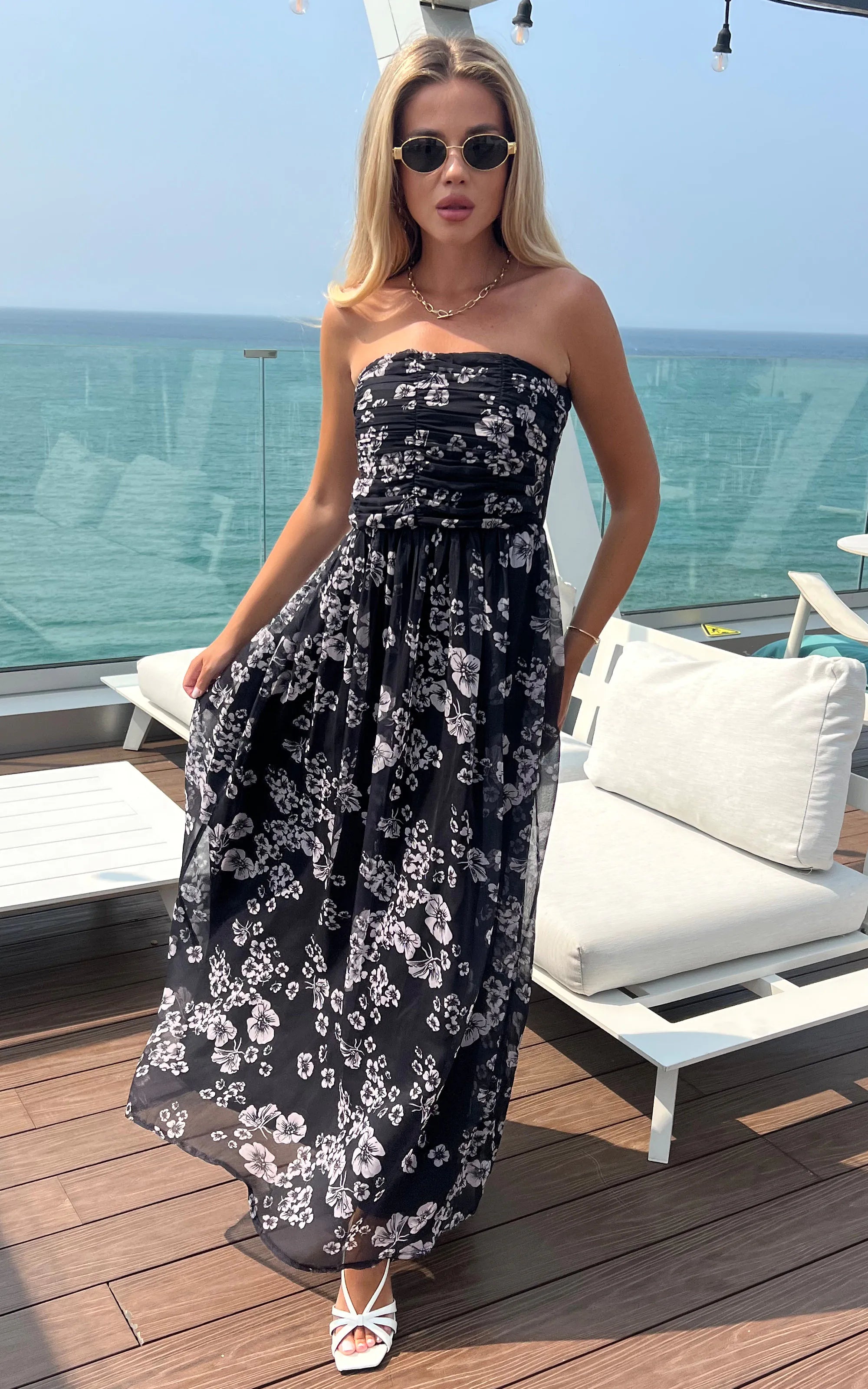 IS.U Floral Black Front Gathered Maxi Dress