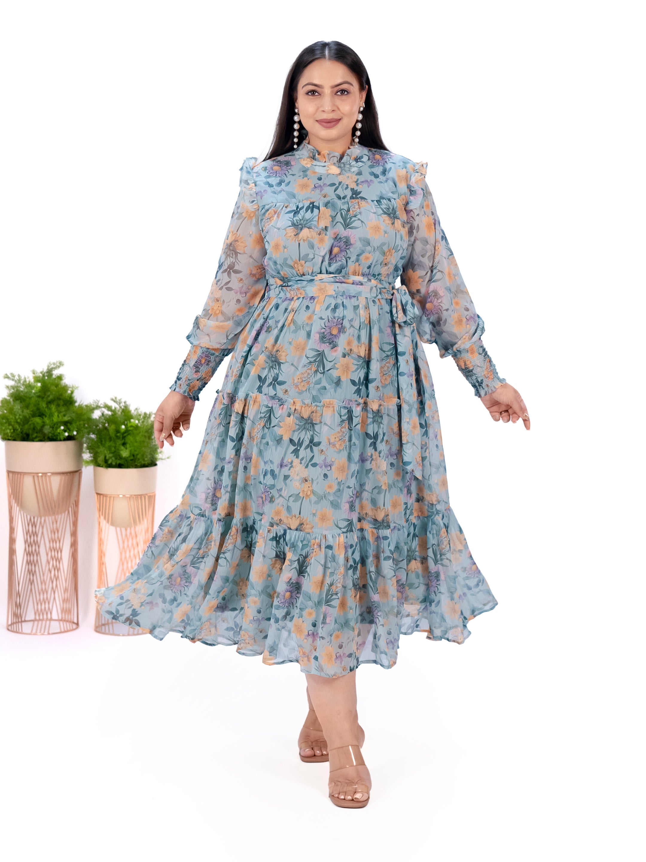 IS.U Green Floral Tiered Midaxi Dress