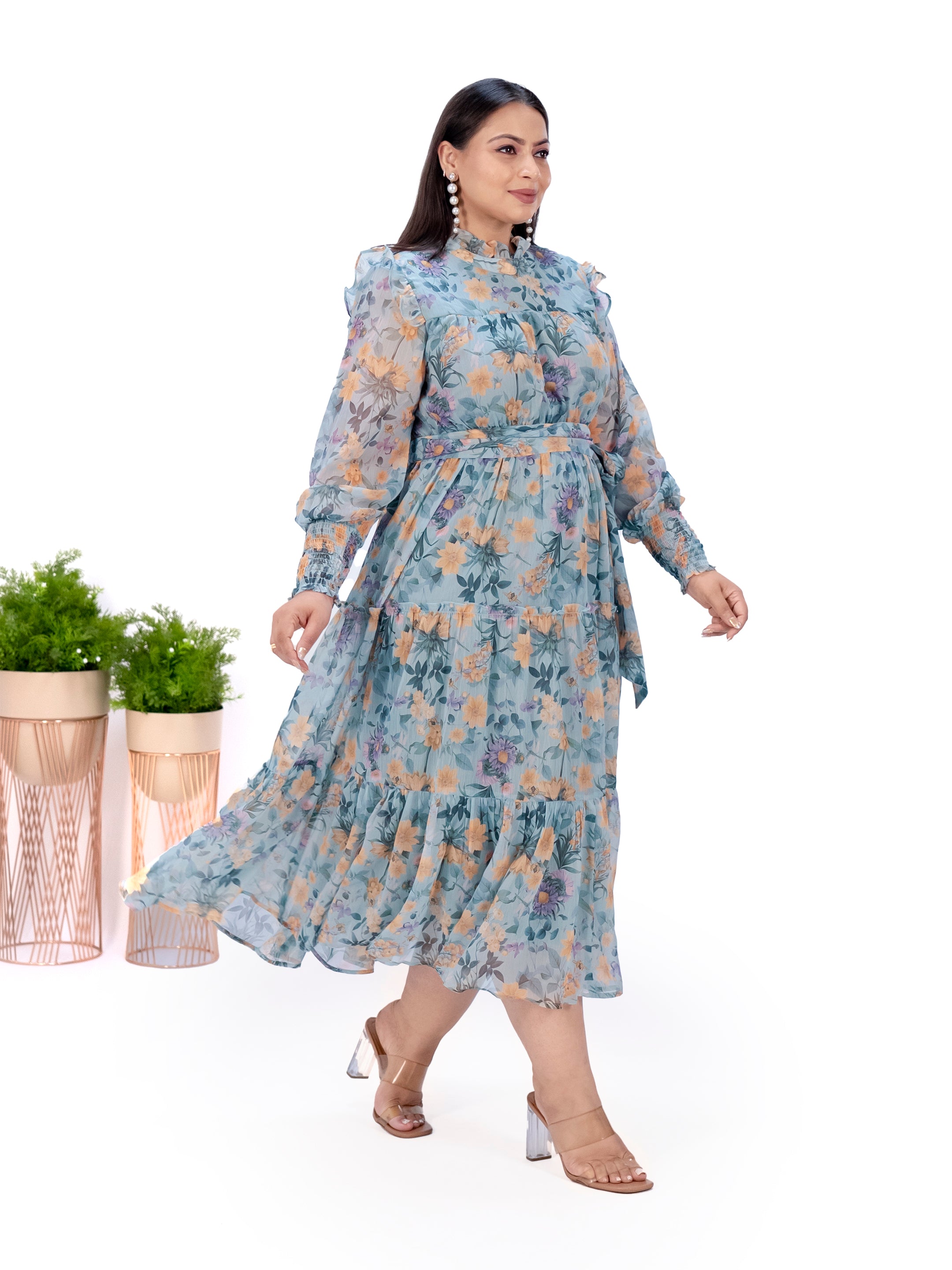 IS.U Green Floral Tiered Midaxi Dress