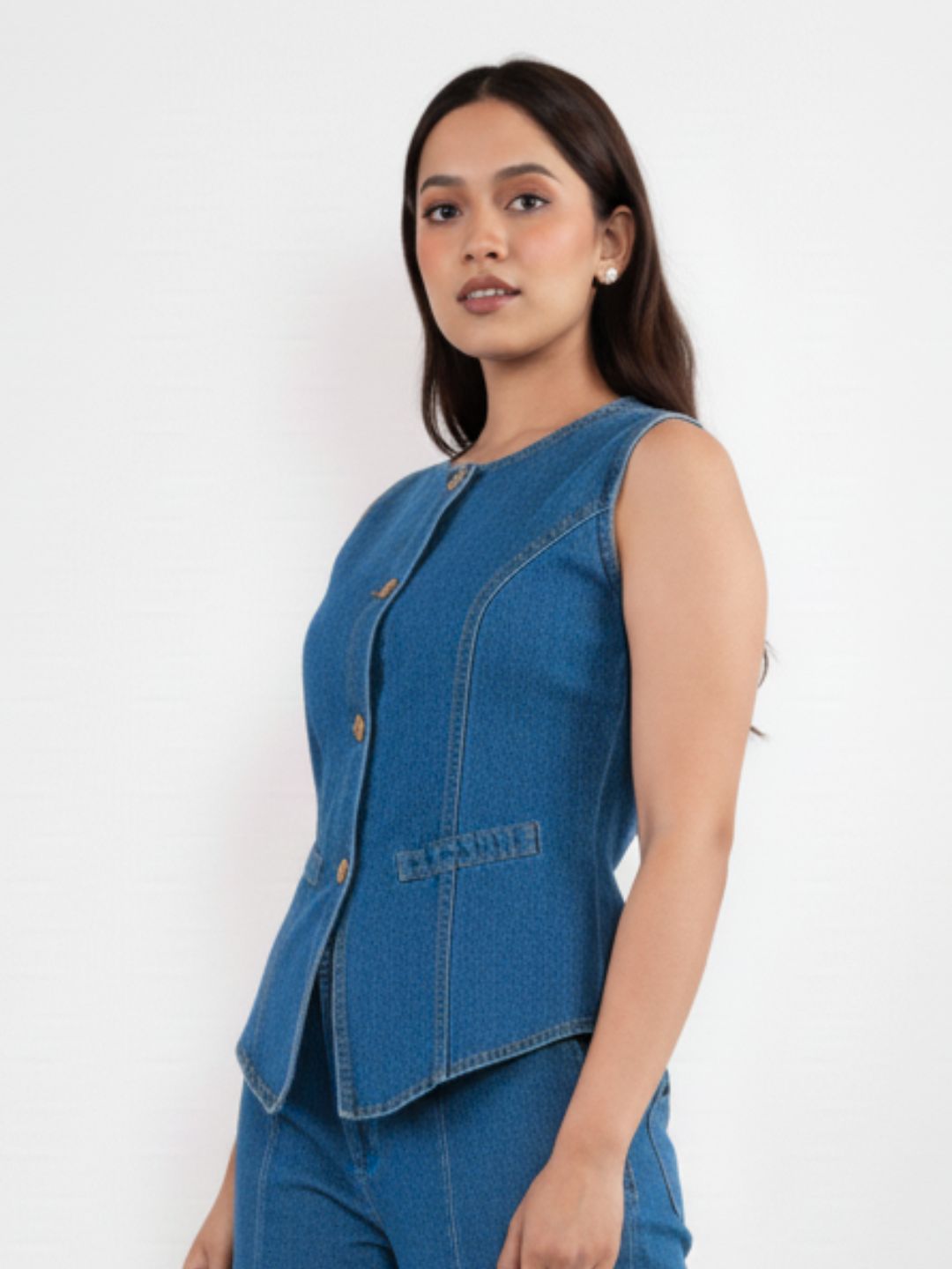 IS.U Medium Blue Structured Denim Waistcoat
