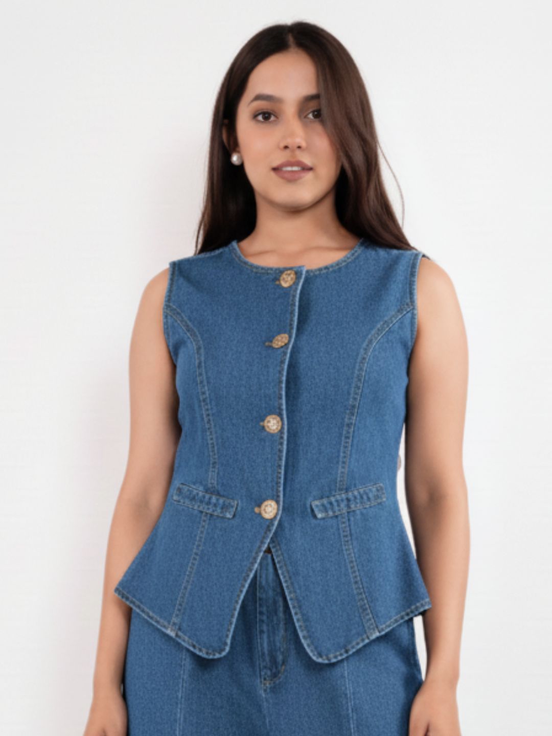 IS.U Medium Blue Structured Denim Waistcoat