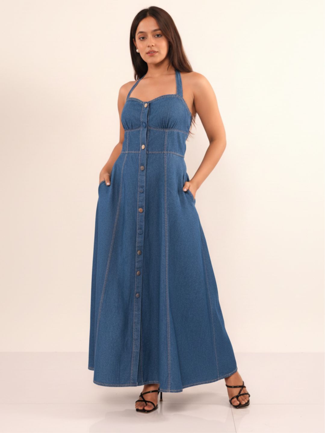 IS.U Medium Blue Denim Halter Dress