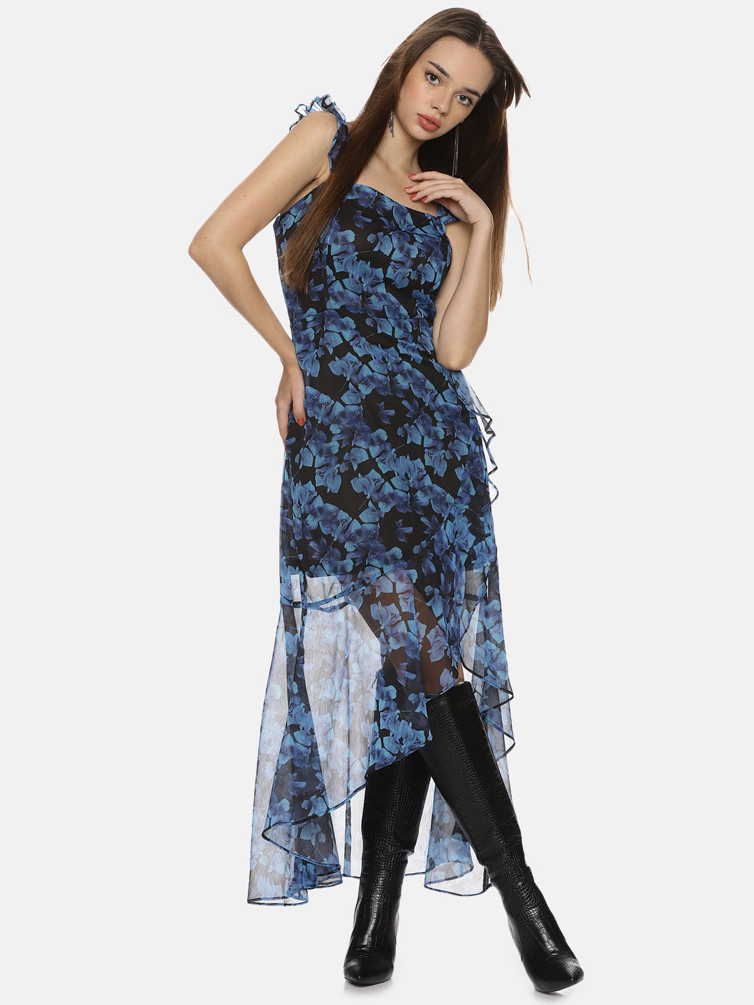 Blue High Low Dress For Women In Short Sleeve