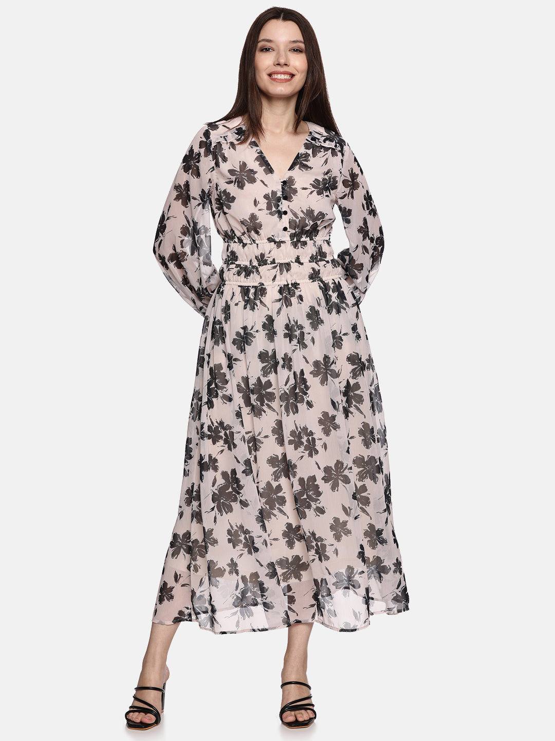 Buy Floral Off-White Blouson Sleeve Maxi Dress | IS.U Fashion