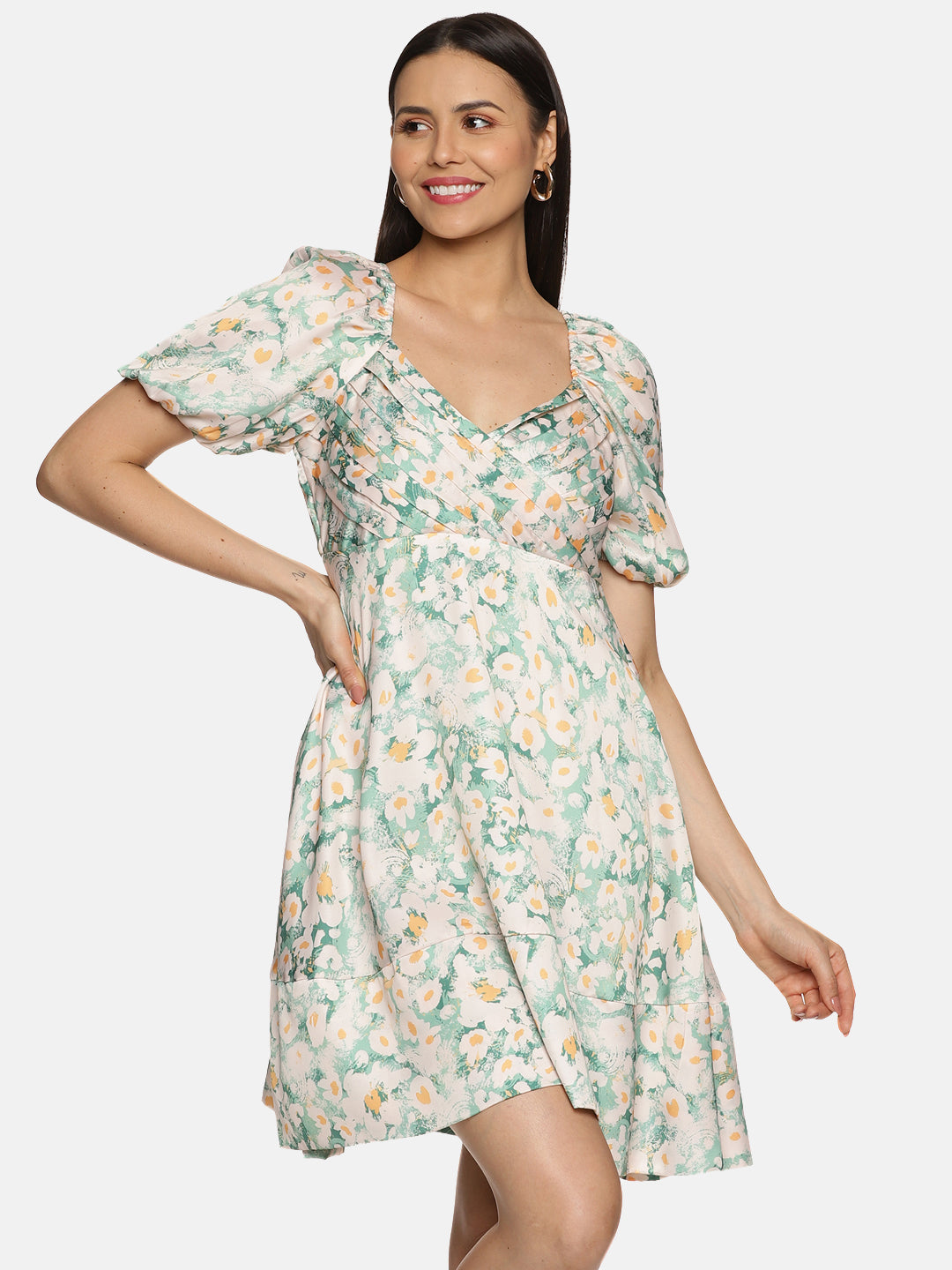 IS.U Floral Green Empire Line Mini Dress