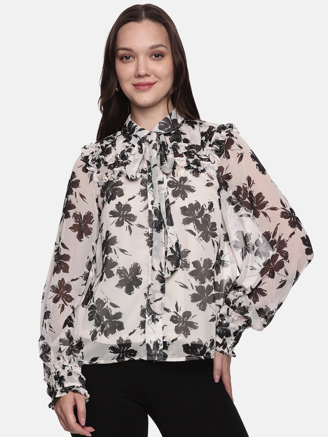 IS.U Floral Off-White Smocked Sleeve Top