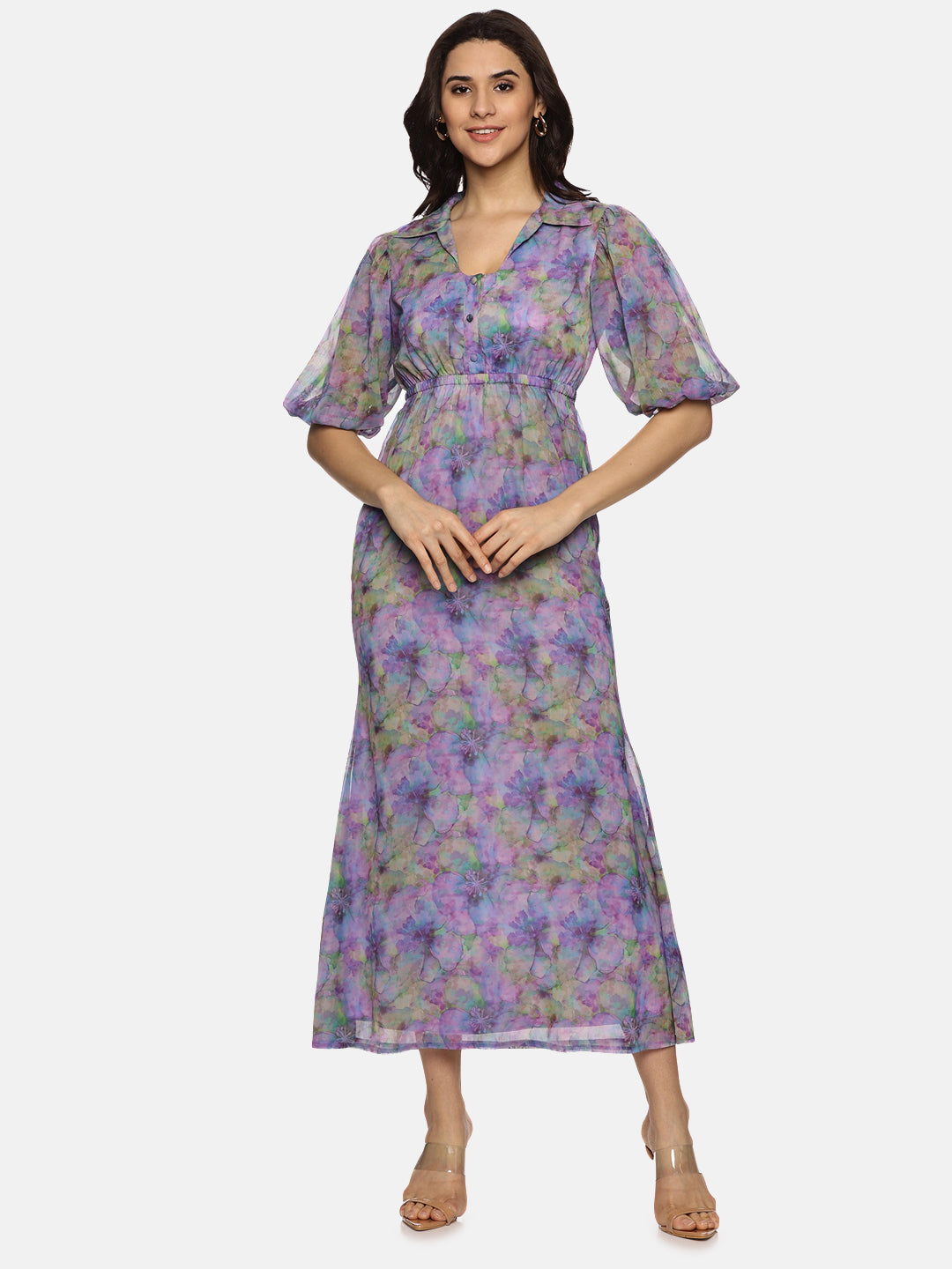 IS.U Floral Lavender Shirt Collared Maxi Dress