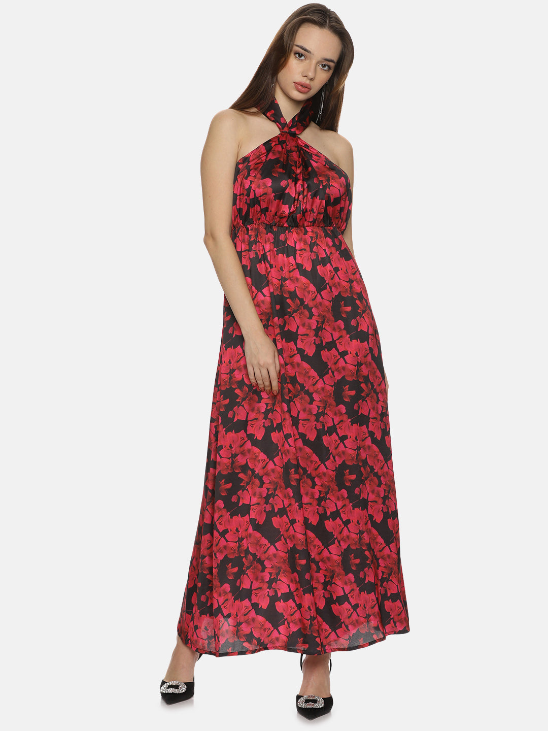 Buy Red Printed Floral Satin Fabric | Halter Maxi Dress Online In India