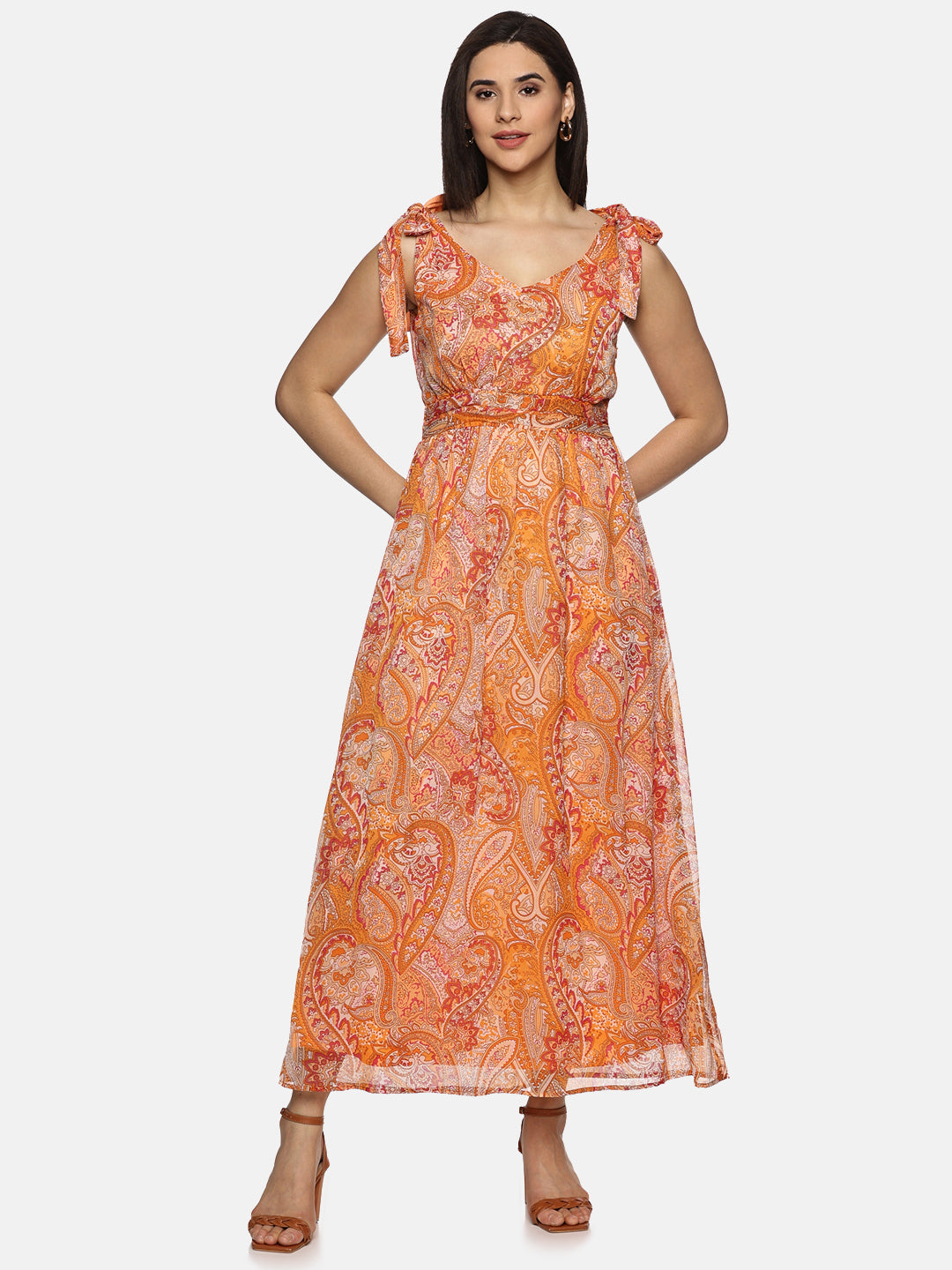 IS.U Floral Orange Tie-up Detailed Maxi Dress