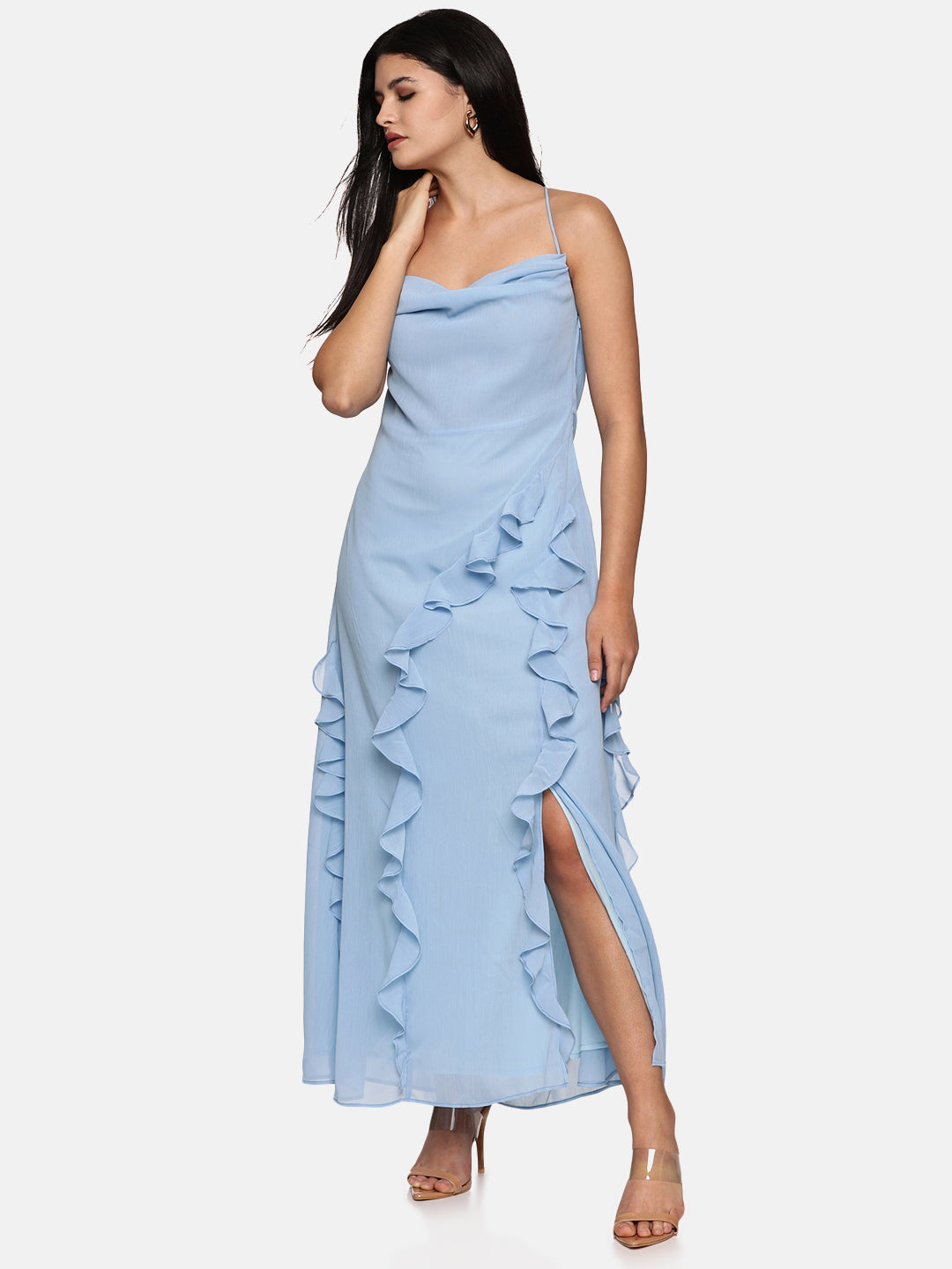 Blue solid cowl neck for women