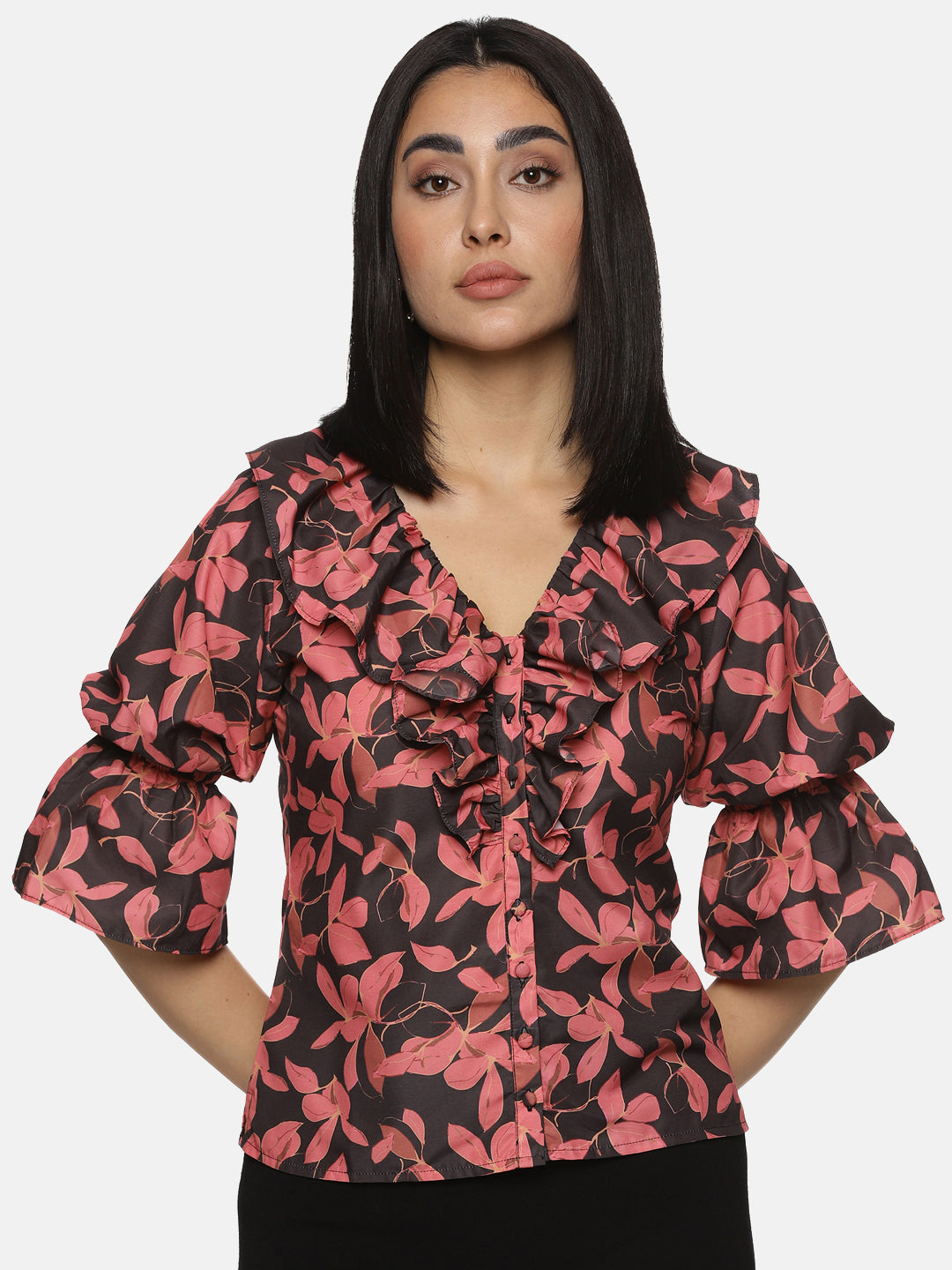 IS.U Floral Black Front Ruffle Top