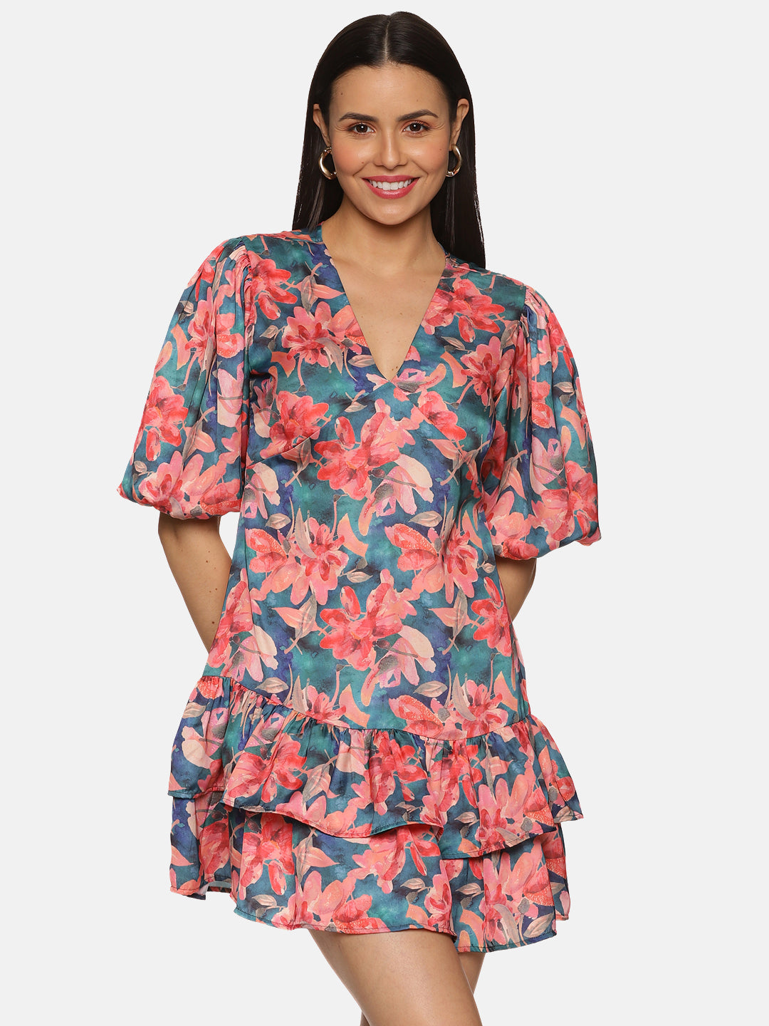 Buy V Neck Multicolor Mini Dress For women| Two Tiered Ruffle Online In India
