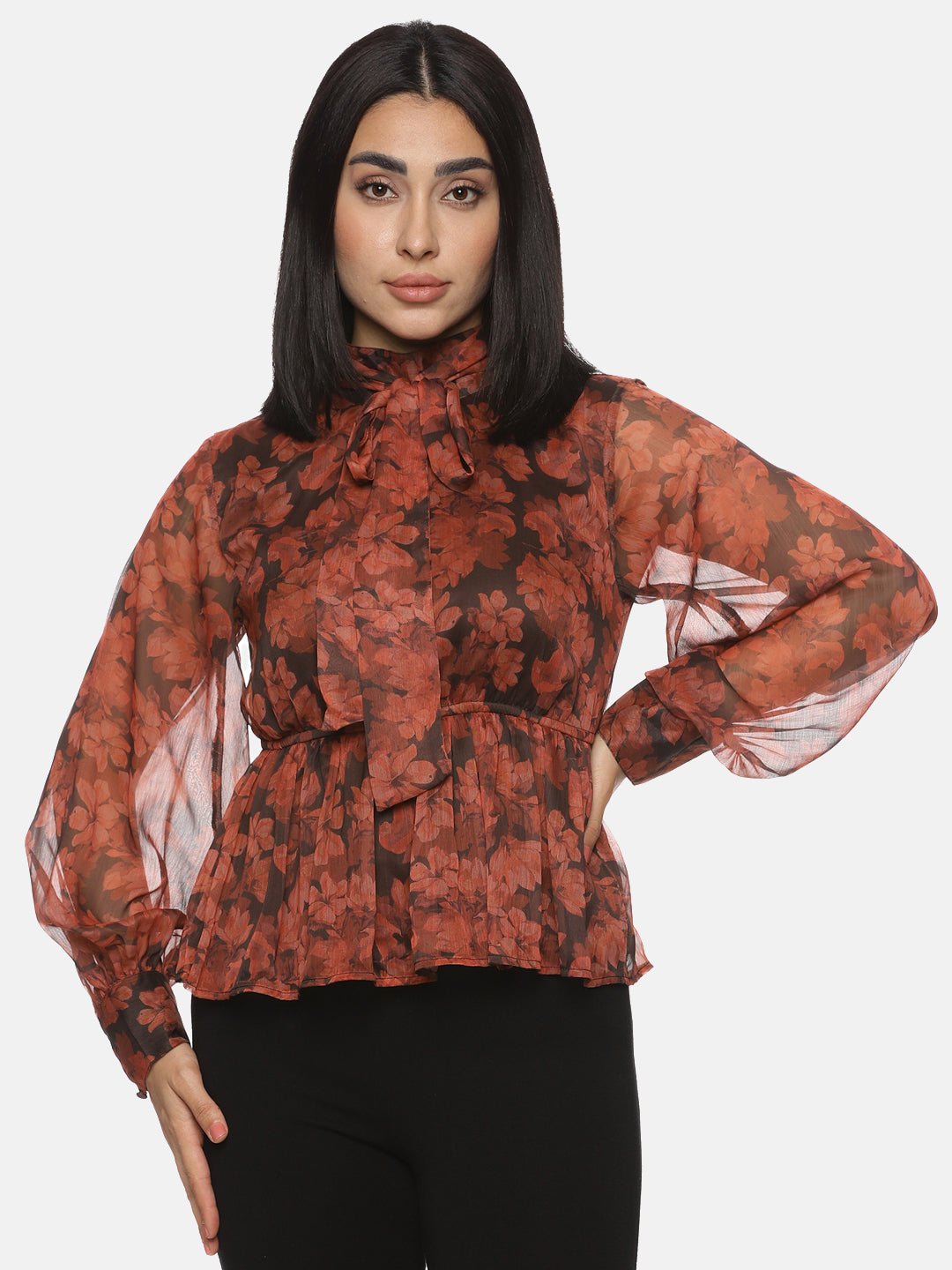 Buy Floral Brown Front Tie Knot Peplum Top For Women at Best Price