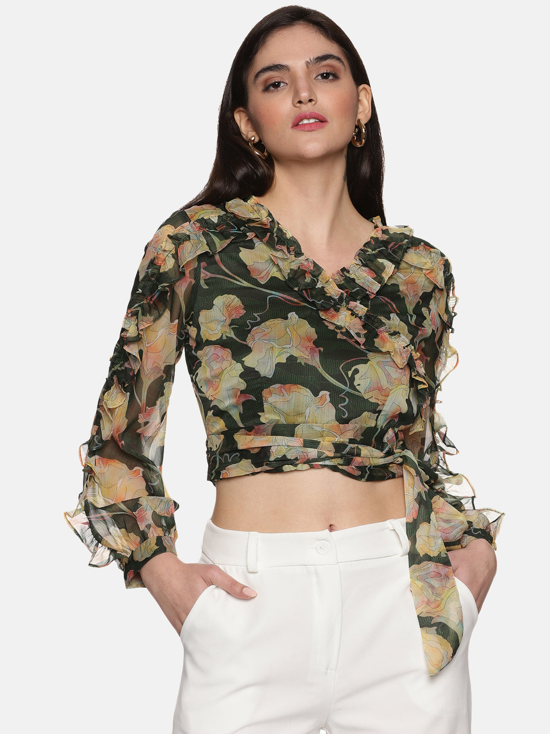 Buy Full Sleeve Crop Top For Women In Green