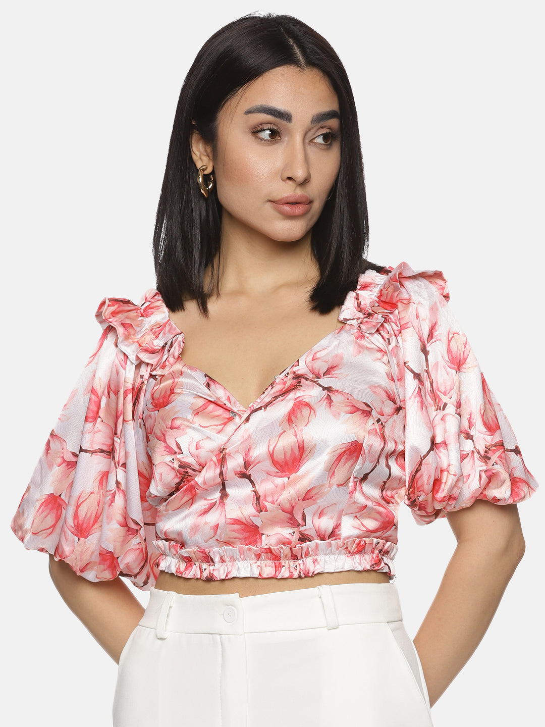 Buy Ruffle Sleeve Crop Top For Women In Pink