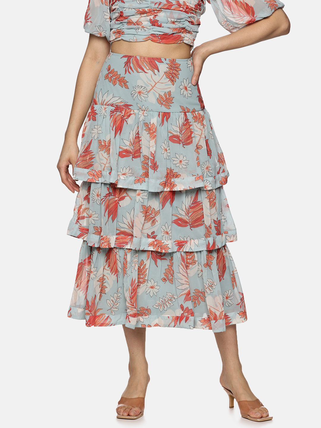 IS.U Floral Light Blue Tiered Skirt