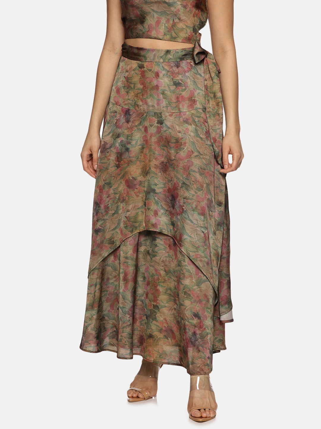 Buy Brown Printed Floral Satin Fabric | Asymmetrical Flare Co-ord Set Online In India