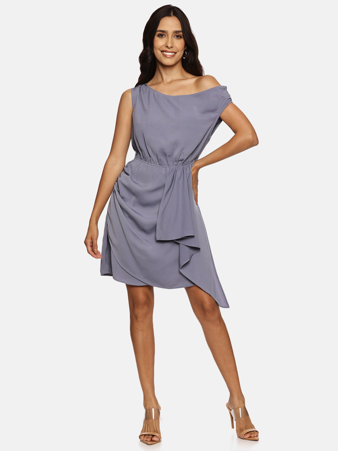 Buy Trendy Solid Blue Granite Ruffle Dress