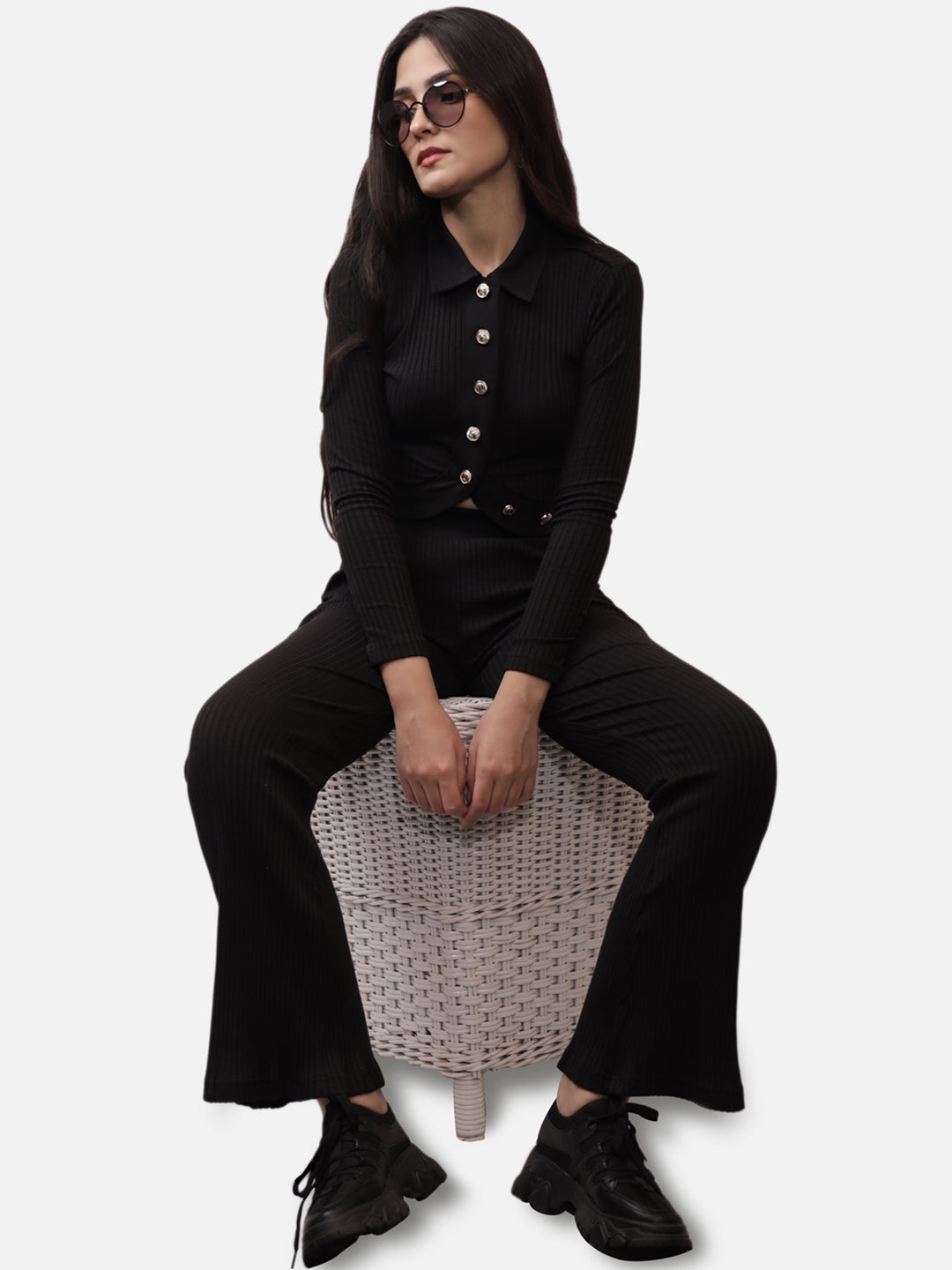 IS.U Black V-neck Collar Button Down Rib Top