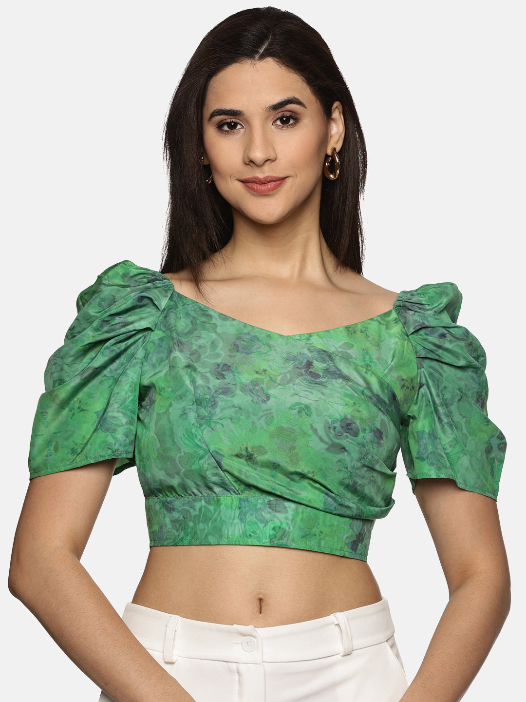 Buy Puffed Sleeve Green Crop Top For Women