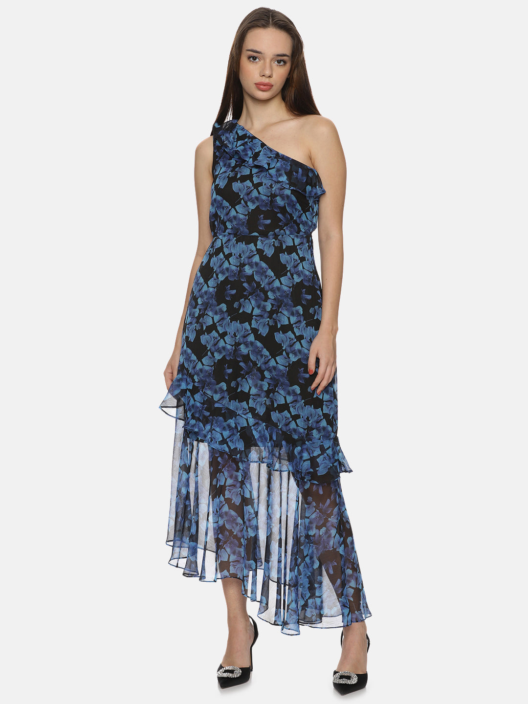 Buy Floral Blue One Shoulder Asymmetrical Dress