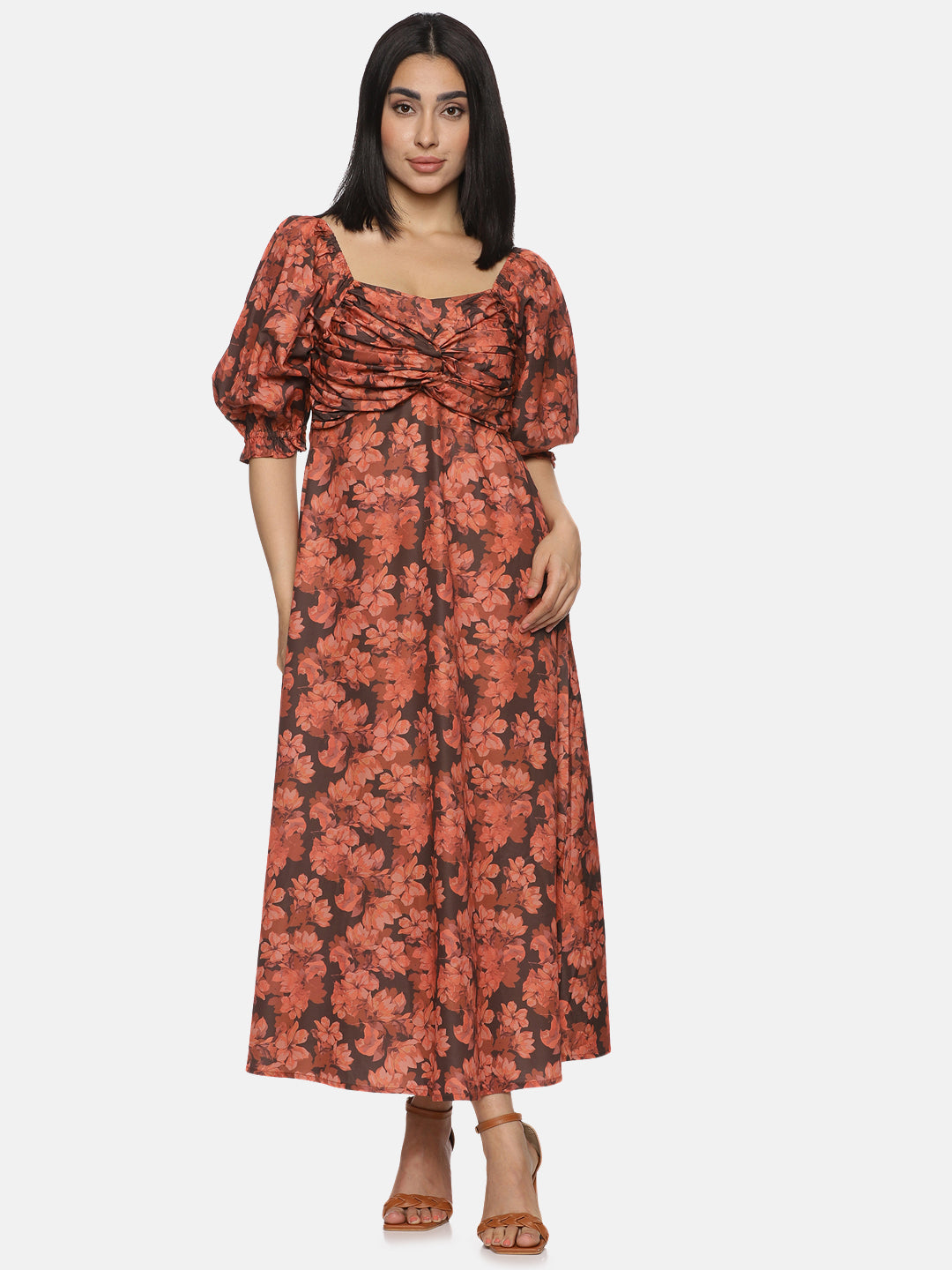 Buy Brown Printed Floral Poly Poplin Fabric | Front Twist Midaxi Dress Online In India