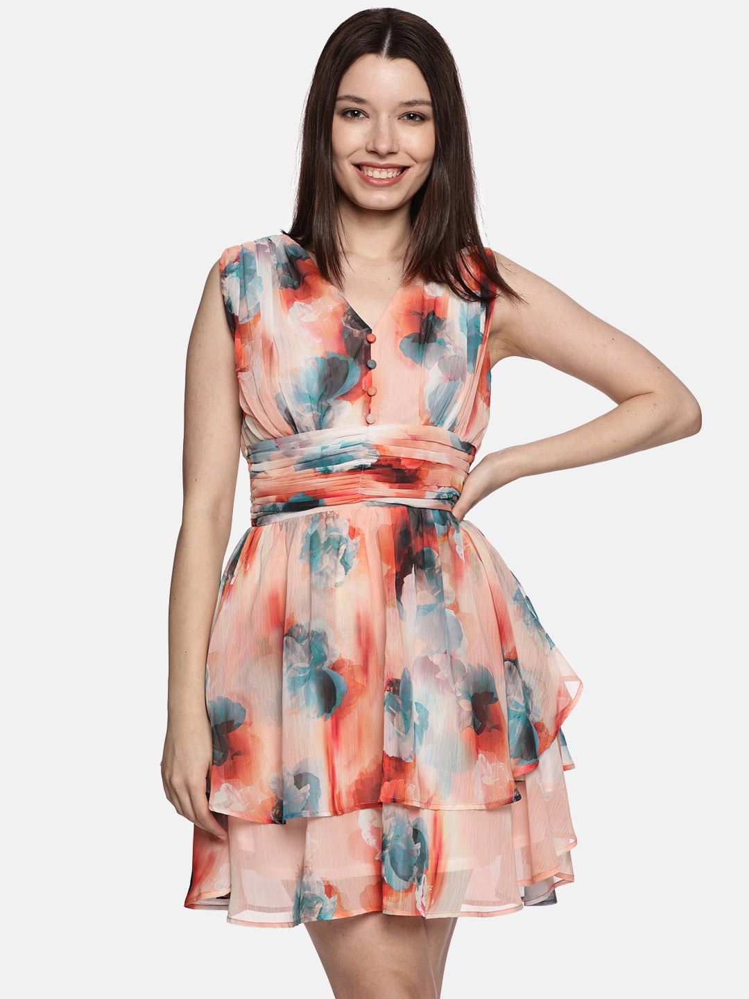 Buy Trendy Floral Peach Tiered Dress Online | IS.U Fashion Buy Trendy Floral Peach Tiered Dress Online | IS.U Fashion