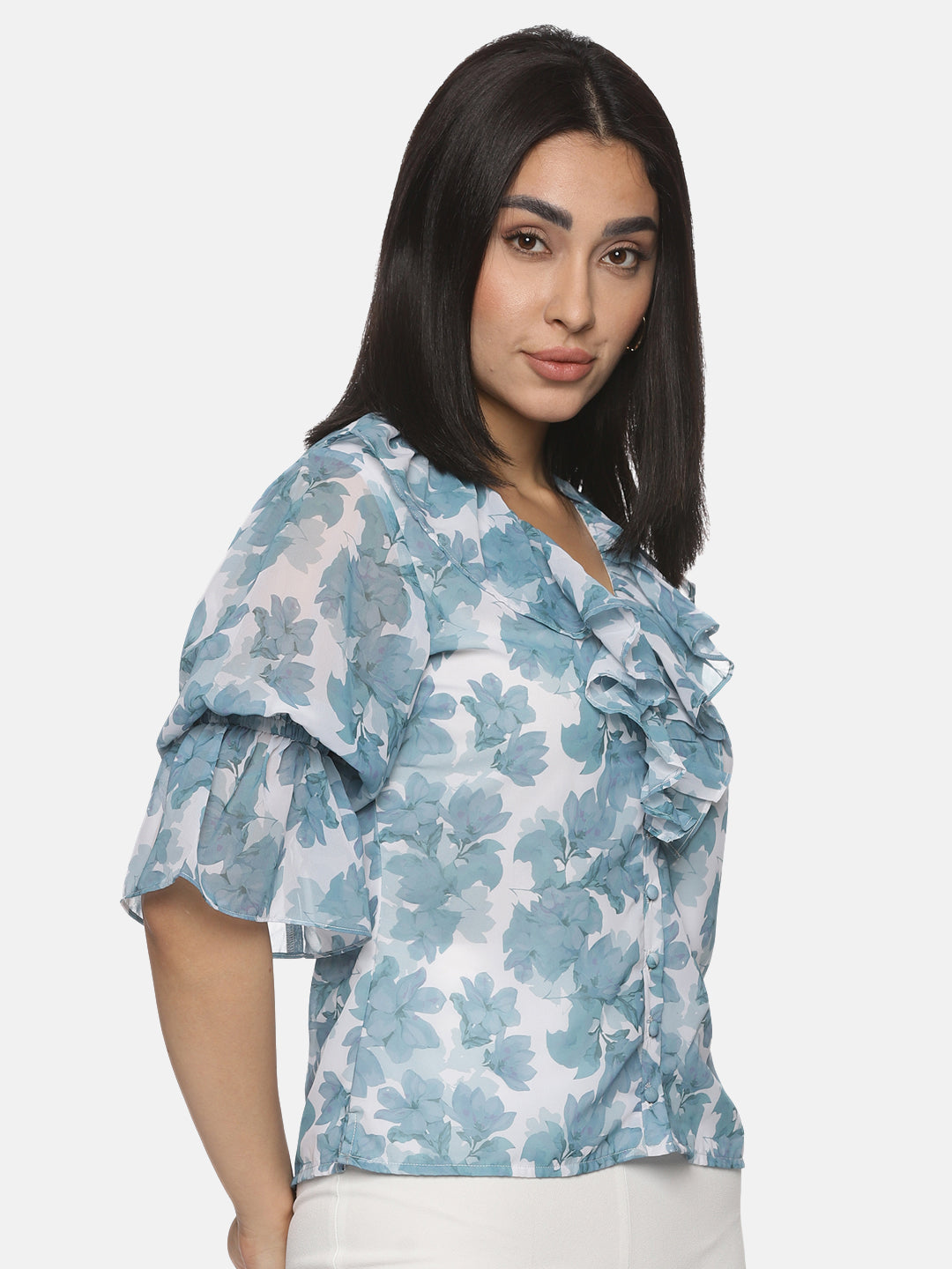 Buy Floral Front Ruffle Top For Women In Grey