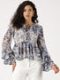 IS.U Floral Blue Ruffled Sleeve Peplum Top