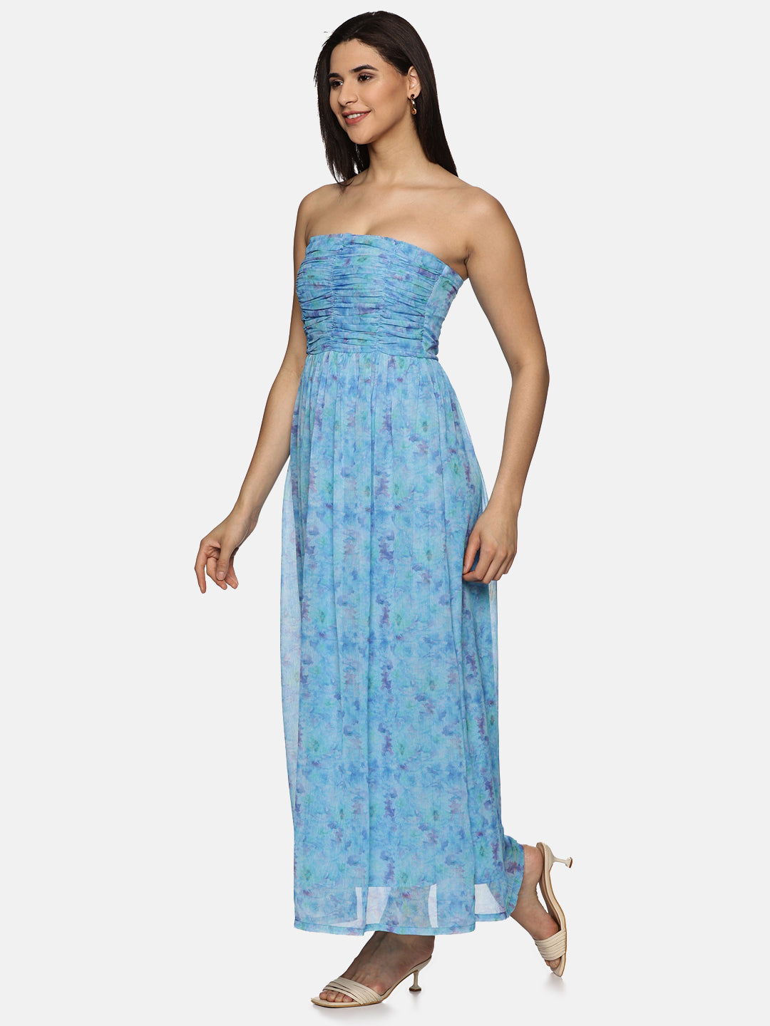 IS.U Floral Blue Front Gathered Maxi Dress