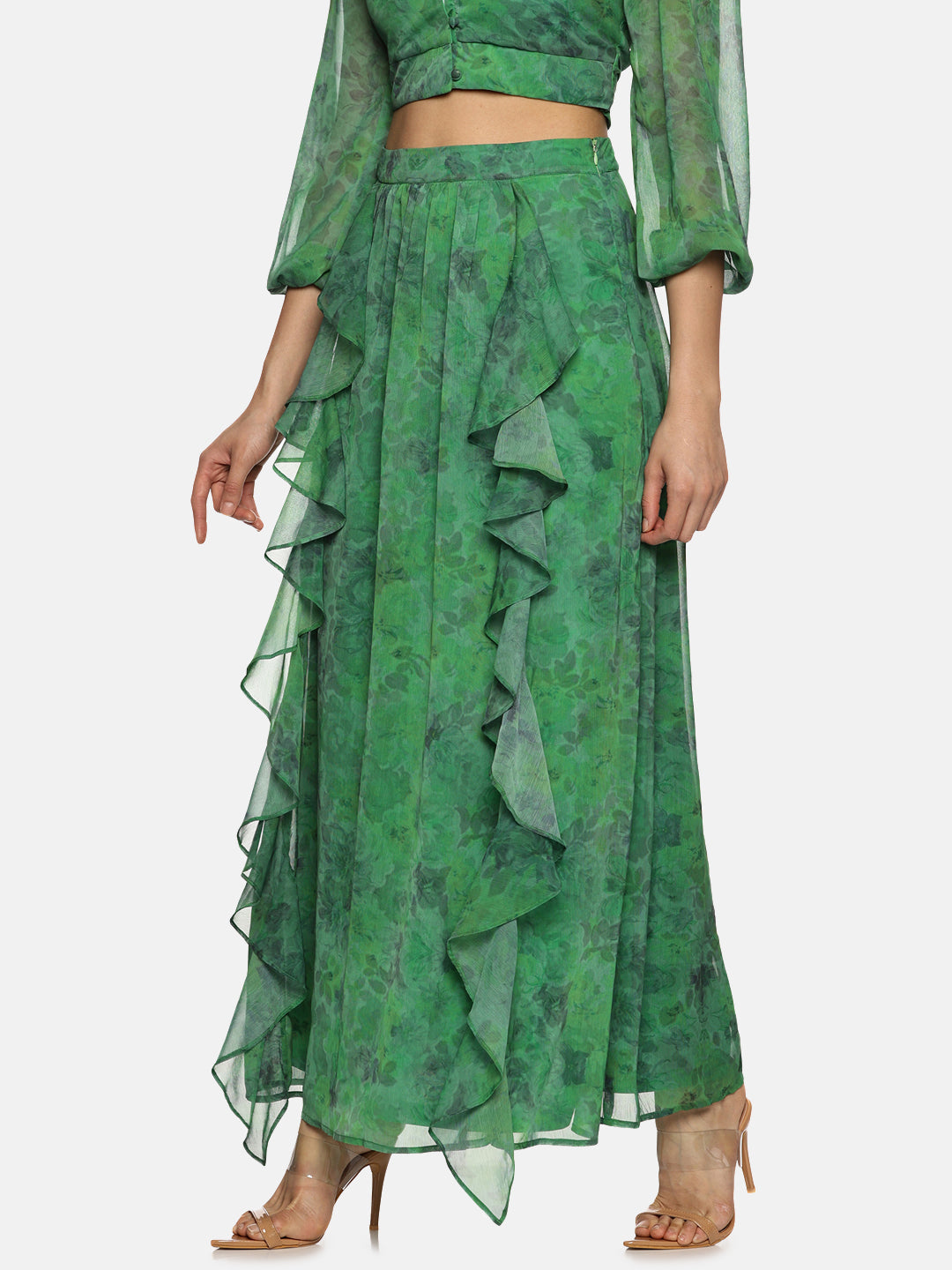 IS.U Floral Green Flare Detail Maxi Skirt
