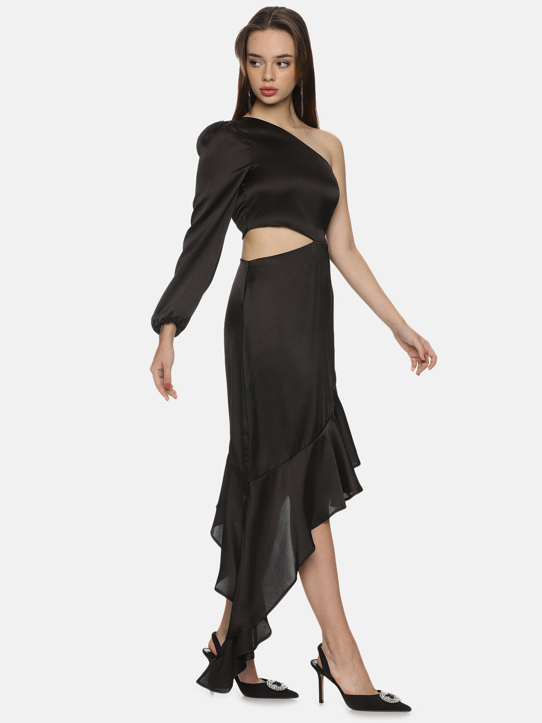 Buy Black Plain Solid Satin Fabric | One Shoulder Asymmetrical Dress Online In India