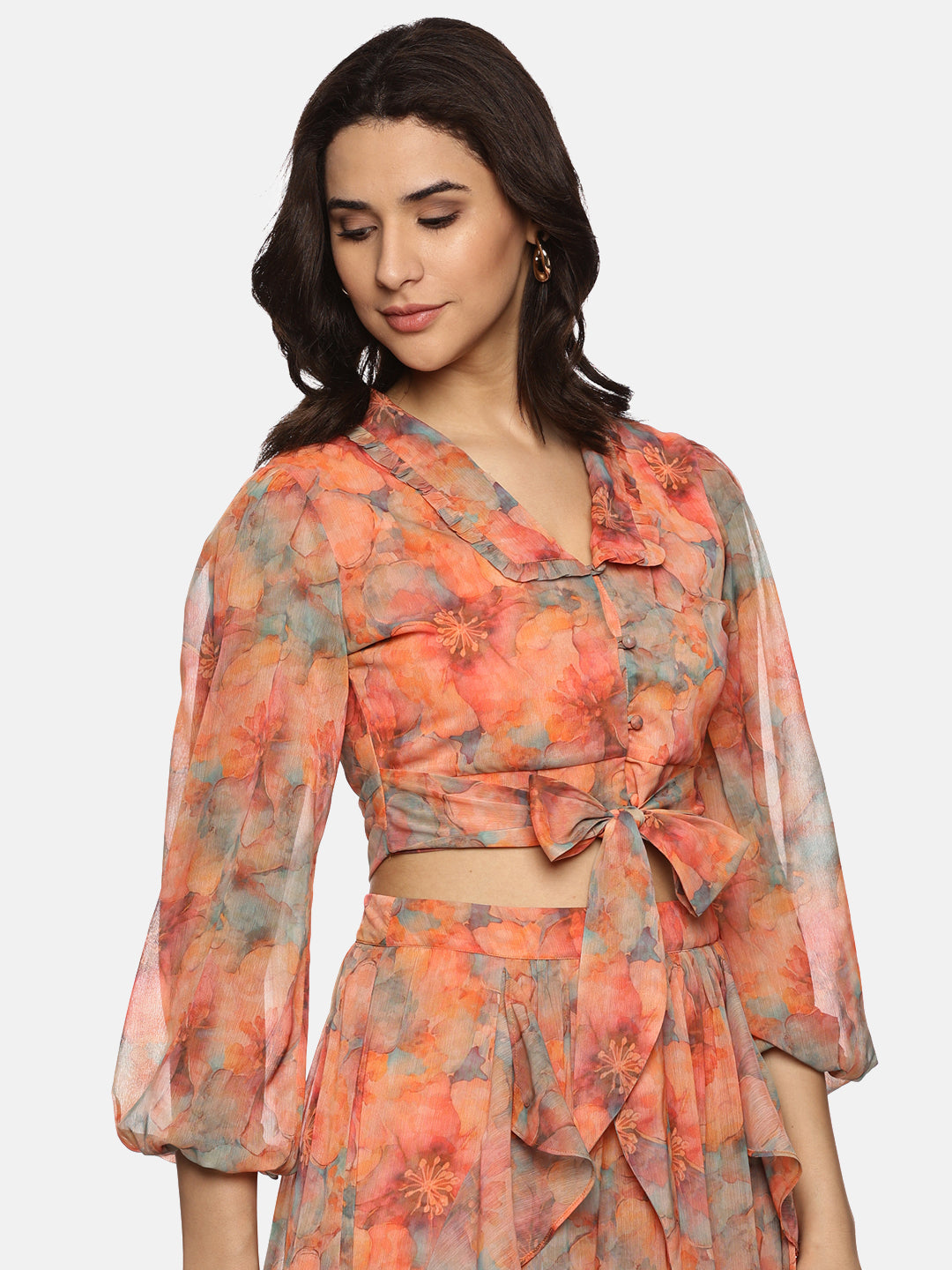 Buy Orange Printed Floral Chiffon Fabric | Flare Detail Co-ord Set Online In India