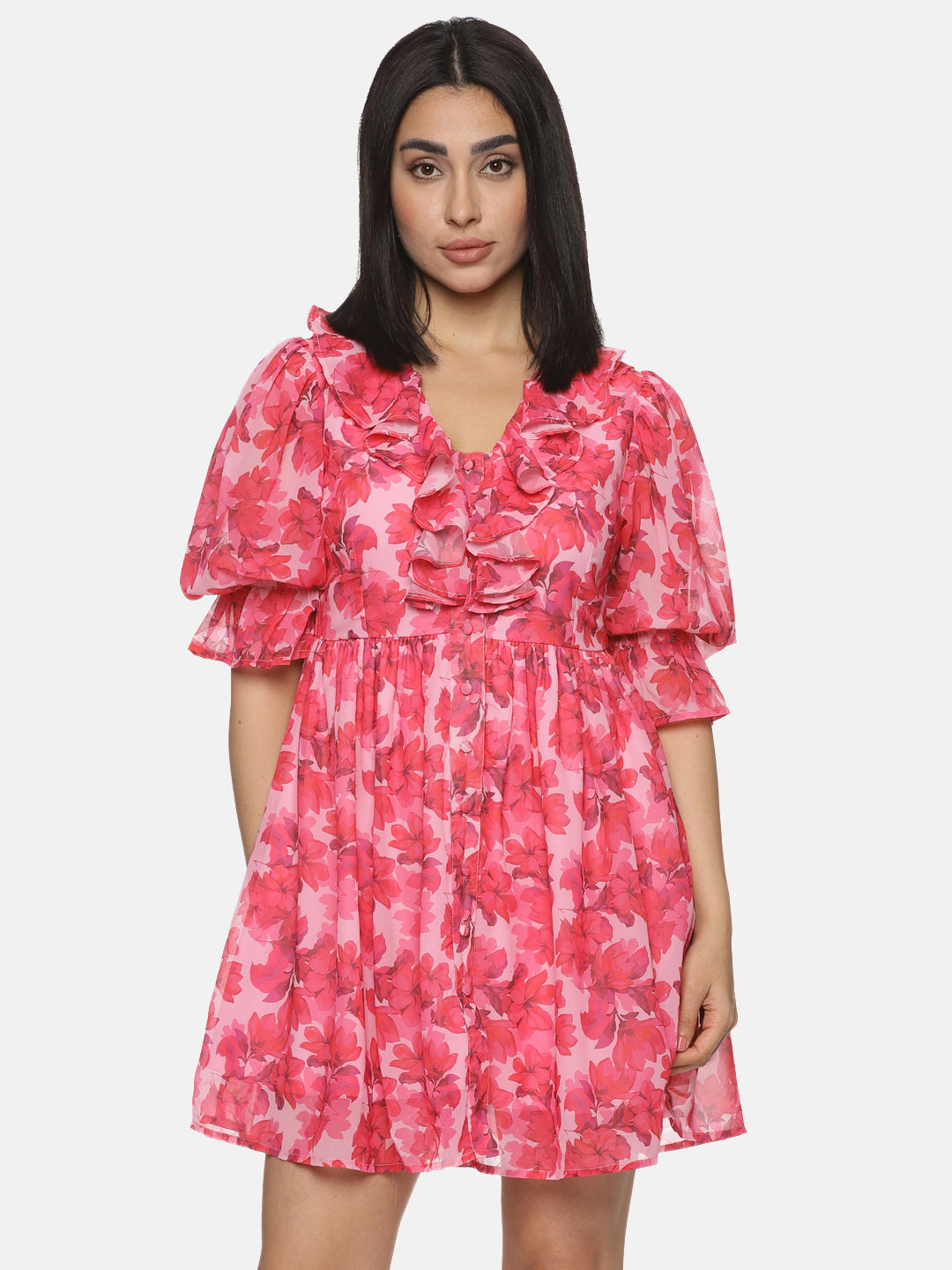 Buy Pink Printed Floral Georgette Fabric | Button Down Mini Dress Online In India