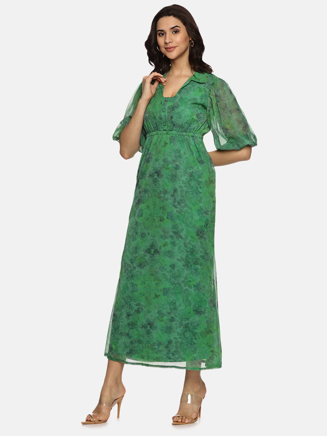 IS.U Floral Green Shirt Collared Maxi Dress