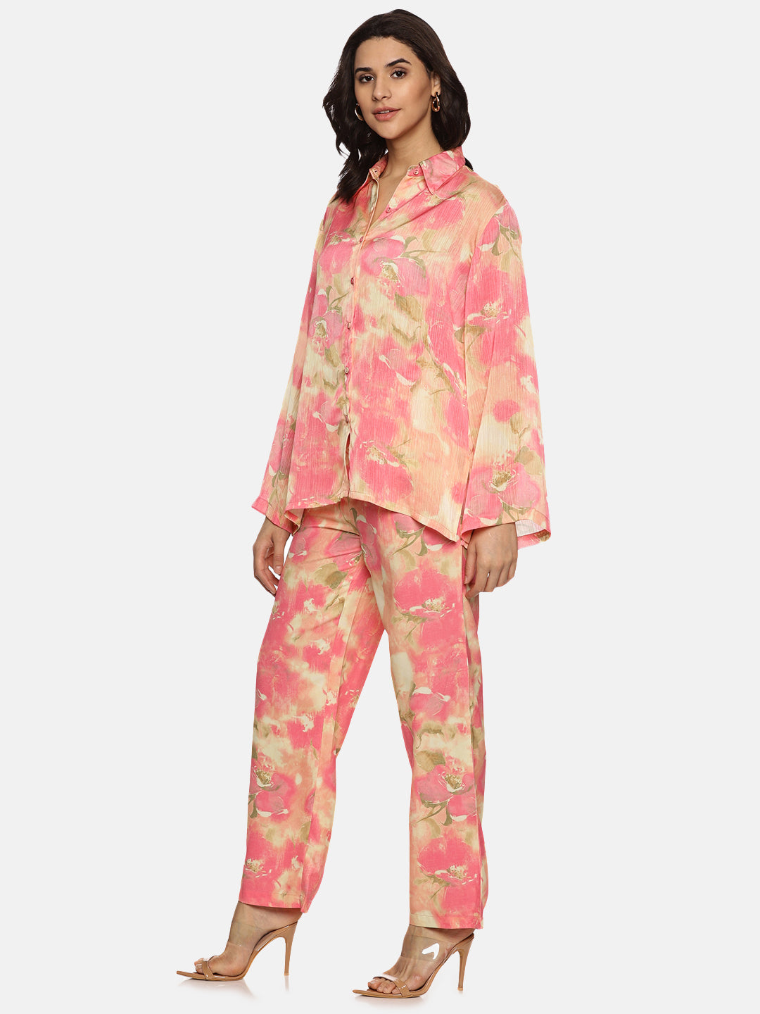 Buy Pink Printed Floral Chiffon Satin Fabric | Satin Coord Set Online In India