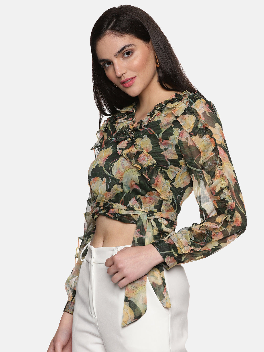 Buy Full Sleeve Crop Top For Women In Green