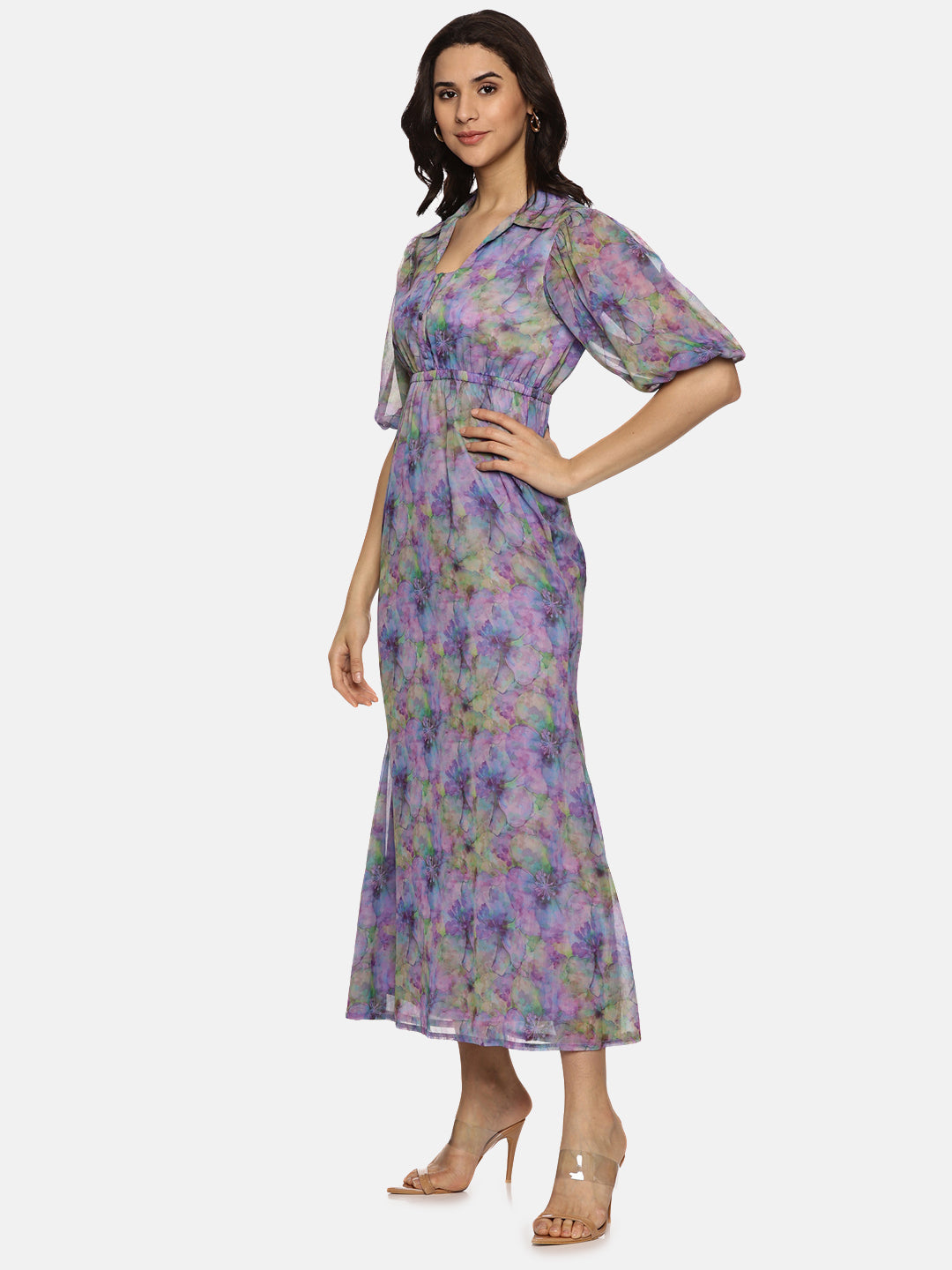 IS.U Floral Lavender Shirt Collared Maxi Dress