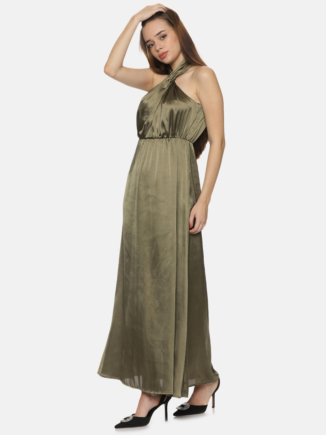 Buy Olive Printed Solid Satin Fabric | Halter Maxi Dress Online In India
