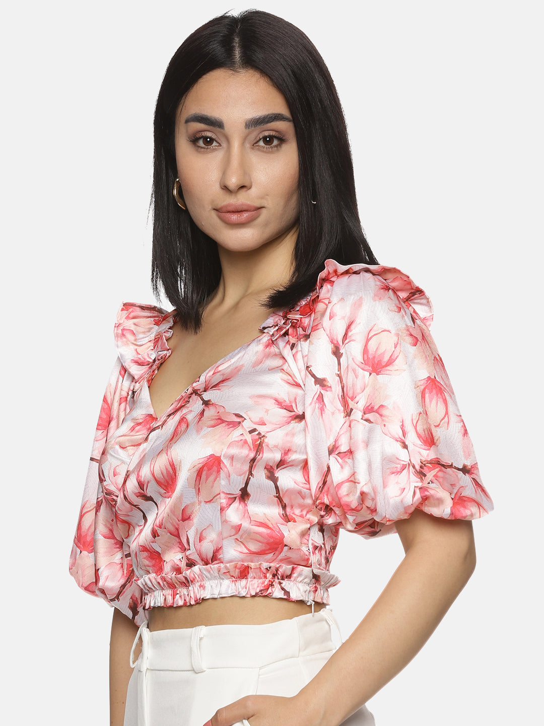 Buy Ruffle Sleeve Crop Top For Women In Pink