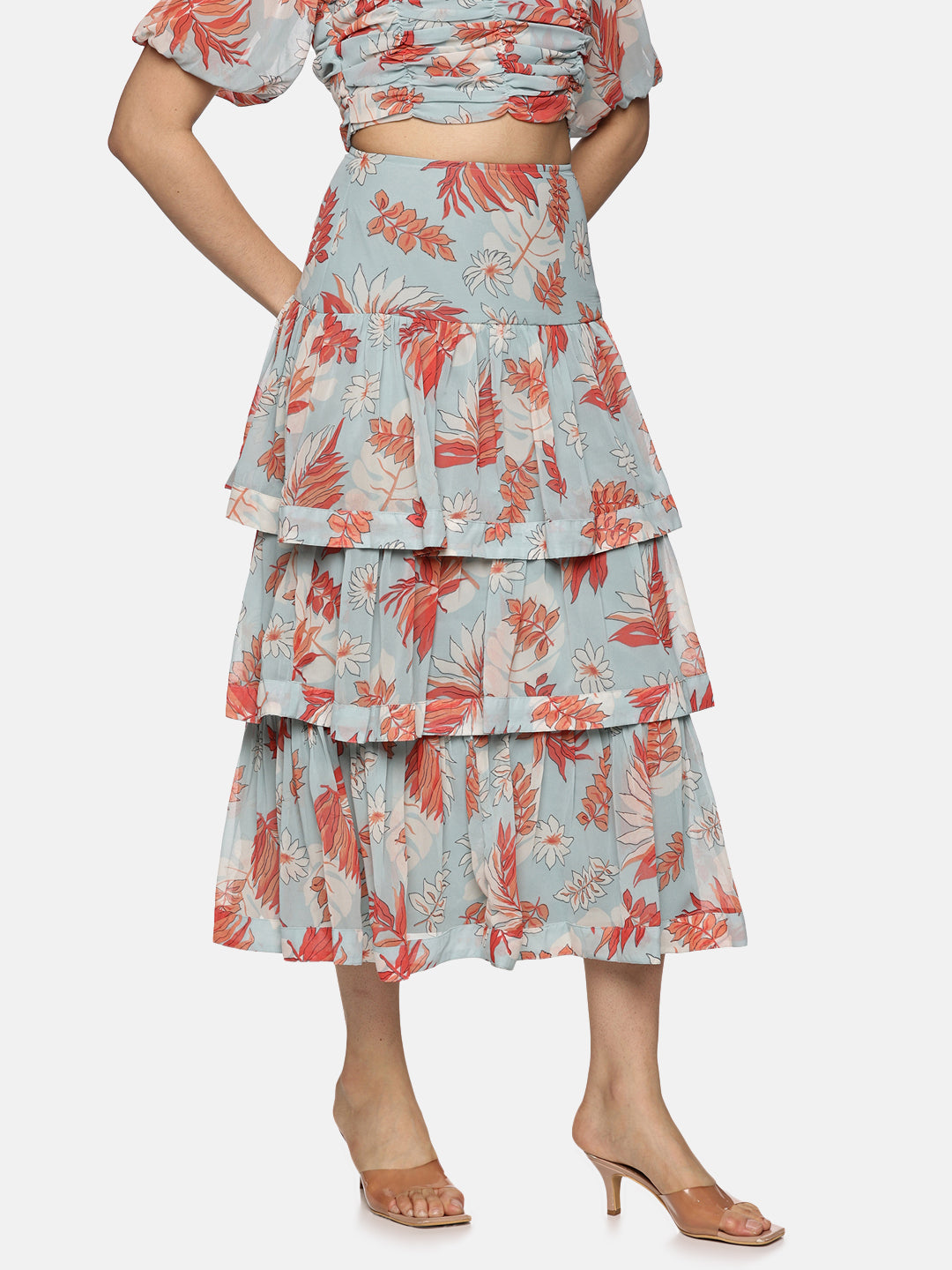 IS.U Floral Light Blue Tiered Skirt