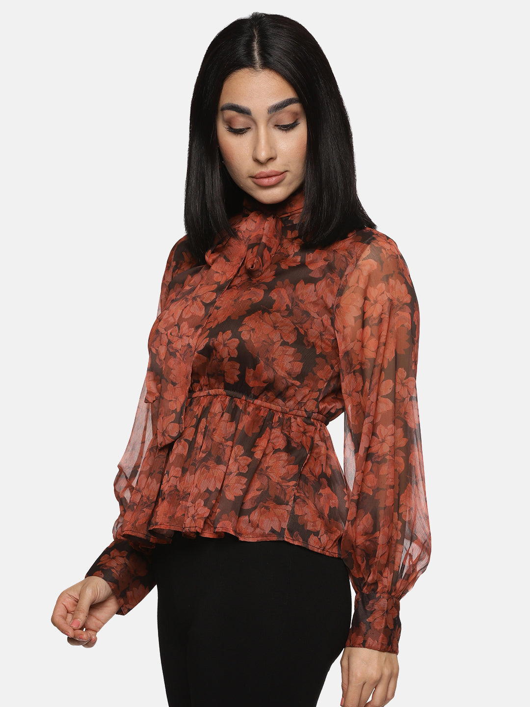 Buy Floral Brown Front Tie Knot Peplum Top For Women at Best Price